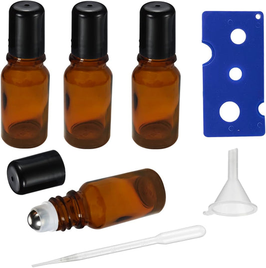 10ML Roller Bottles for Essential Oil, 4 Pack Empty Amber Glass Roller Bottle for Perfume Oil, Roll