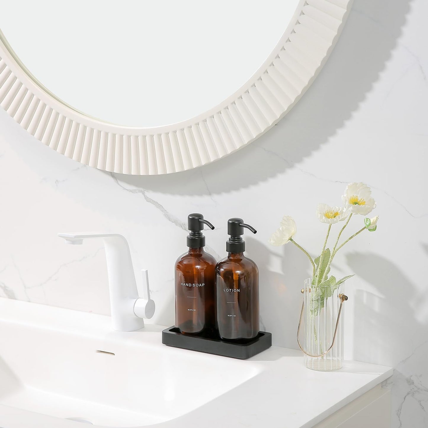 Amber Glass Soap Dispenser Set, Hand Soap and Lotion Set with Black Stainless Steel Pump, Perfect