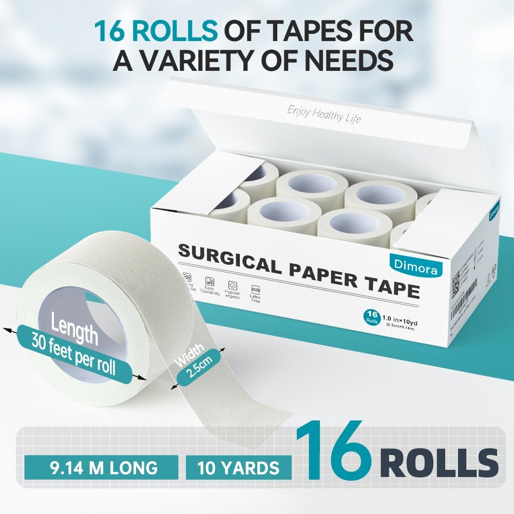 Dimora Paper Medical Tape 16 Rolls- Hypoallergenic White Surgical Tape for Sensitive