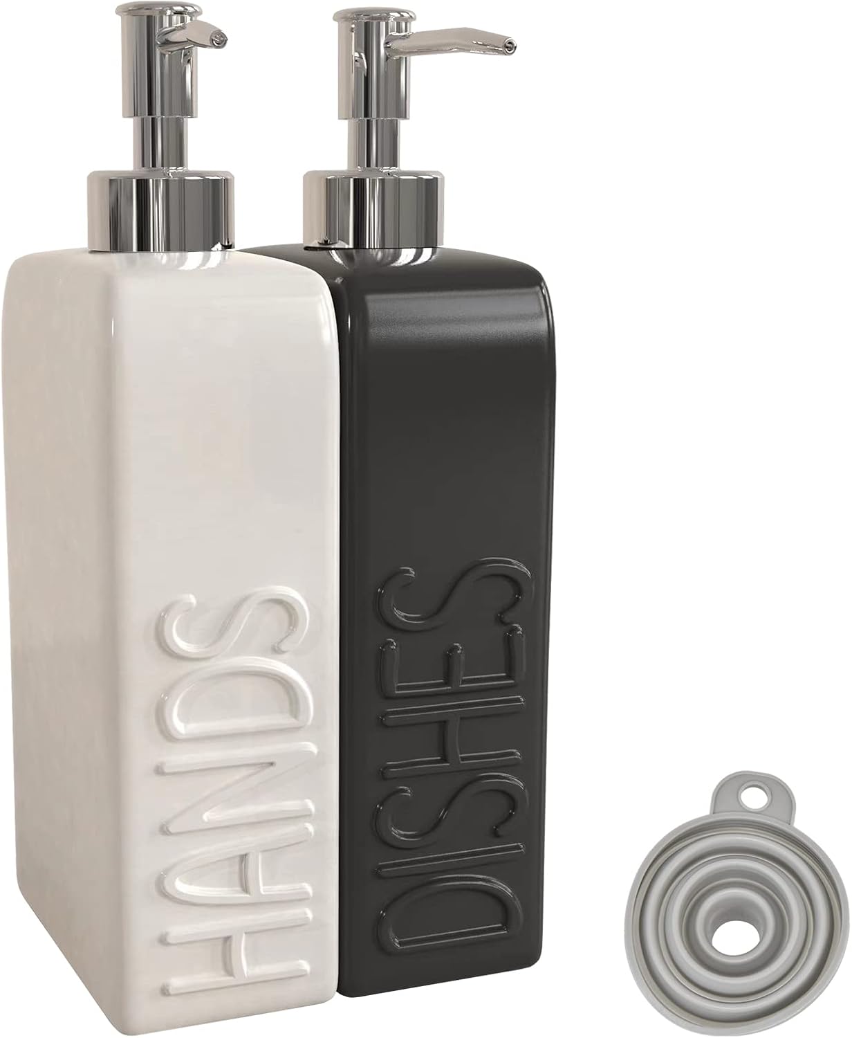 Soap Dispenser Set with Funnel, Non-Slip Silicone Pads, 2 Pack Ceramic Refillable Dish Soap and