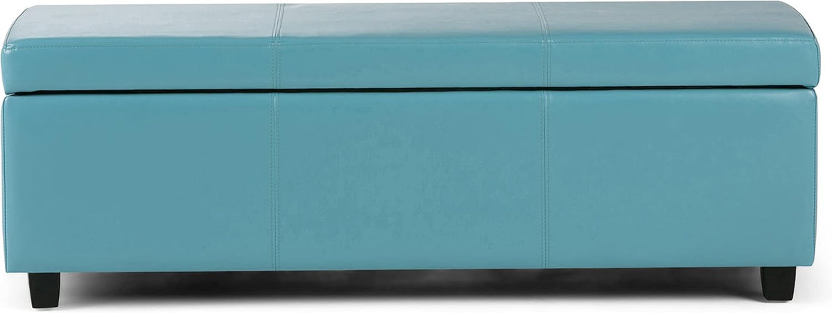 SIMPLIHOME Avalon 48 inch Wide Contemporary Rectangle Storage Ottoman Bench in Soft Blue Vegan Faux