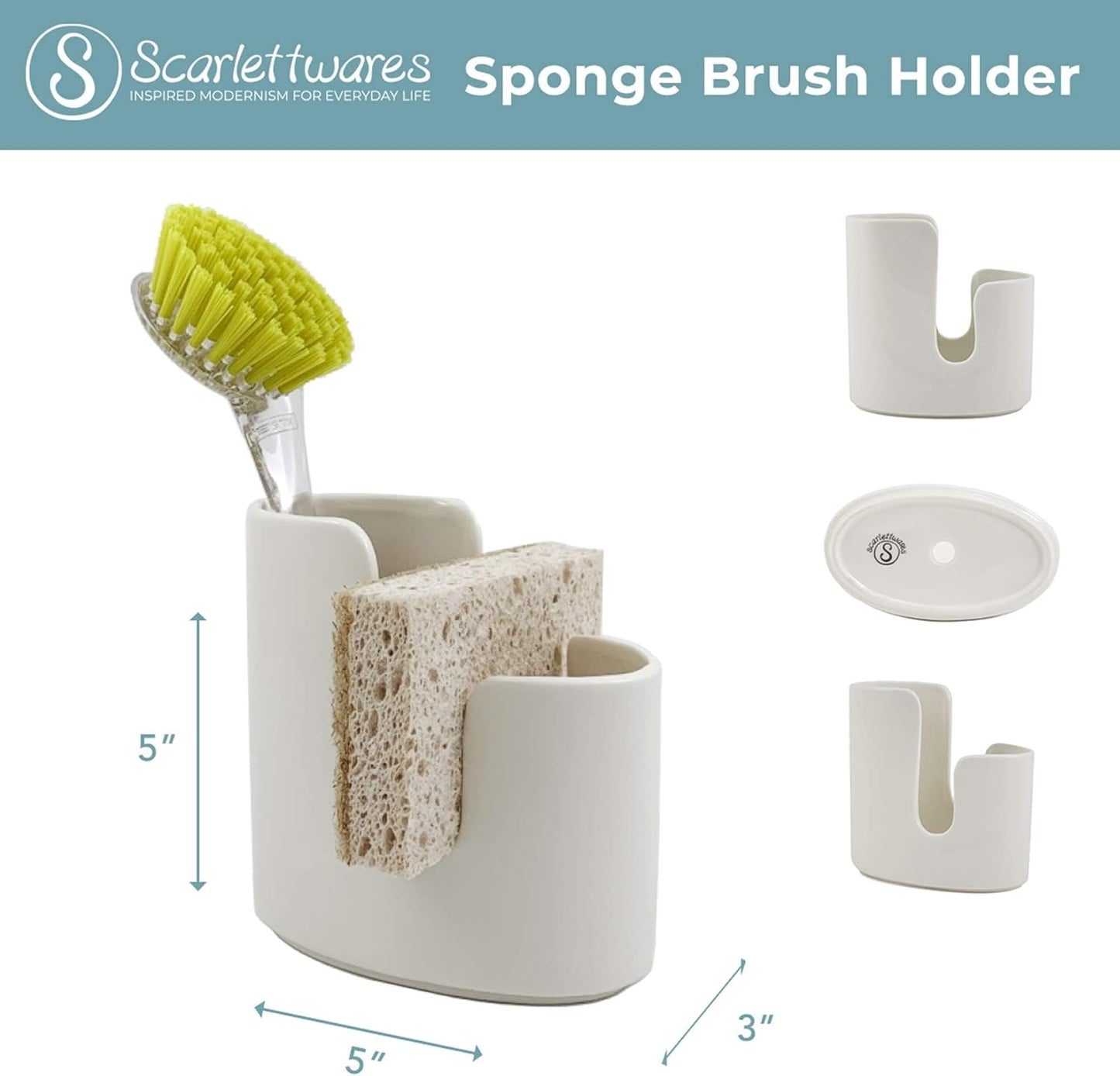Kitchen Sink Caddy Dish Sponge Holder and Scrub Brush Dish Wand Holder Ceramic White Farmhouse