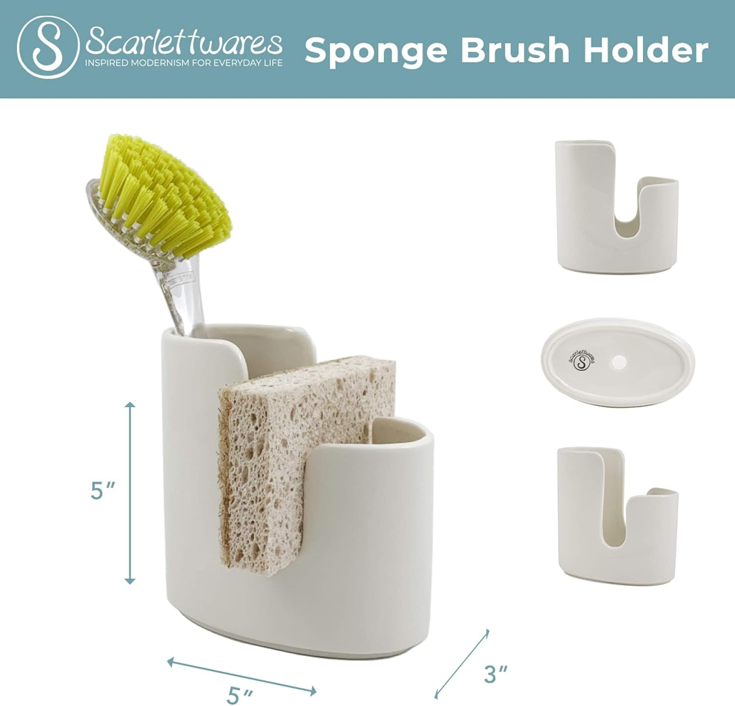 Kitchen Sink Caddy Dish Sponge Holder and Scrub Brush Dish Wand Holder Ceramic White Farmhouse