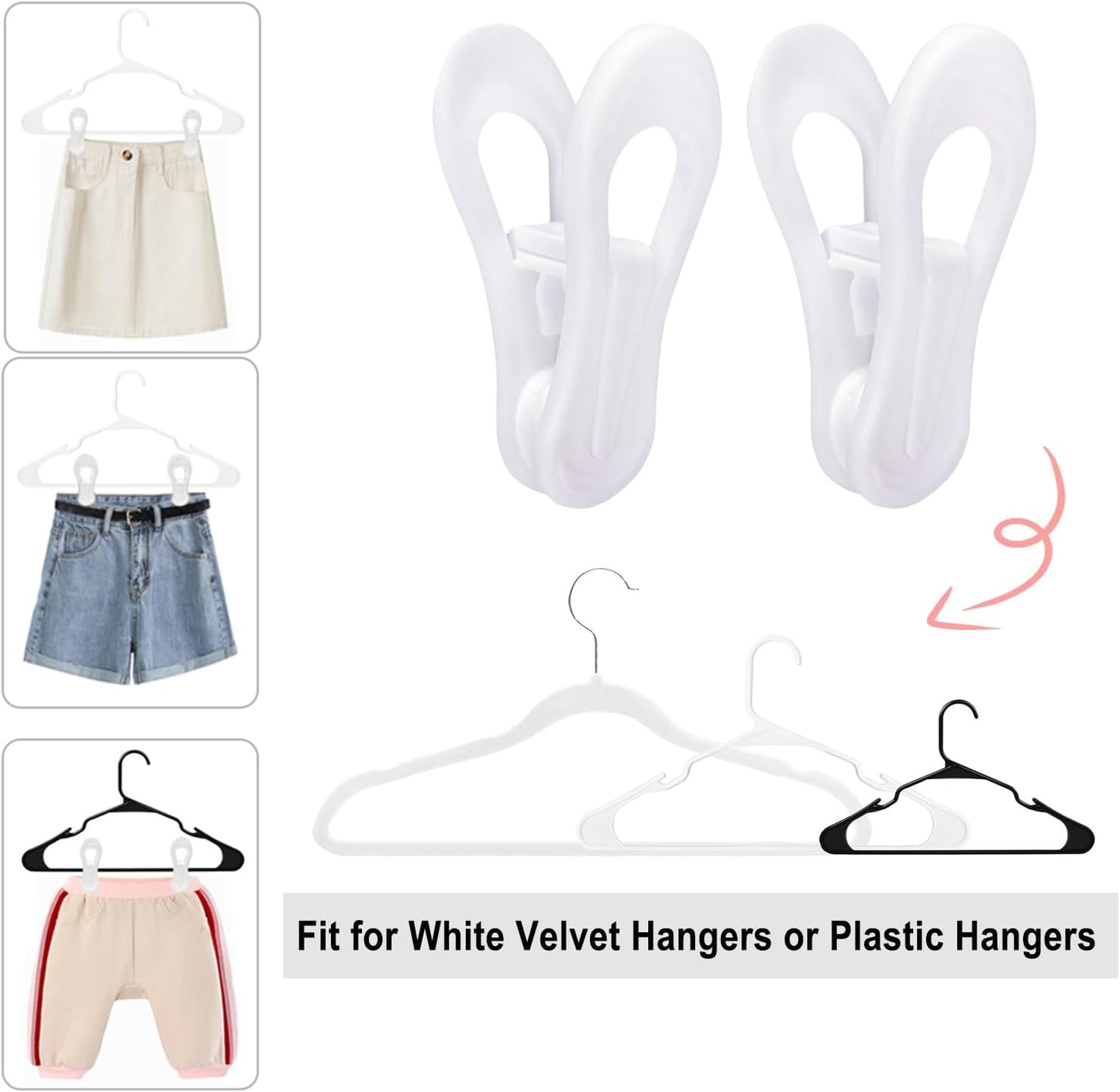 White Hanger Clips 60 Pack, Multi-Purpose Plastic Hangers Clips Perfect for Plastic Velvet Hangers