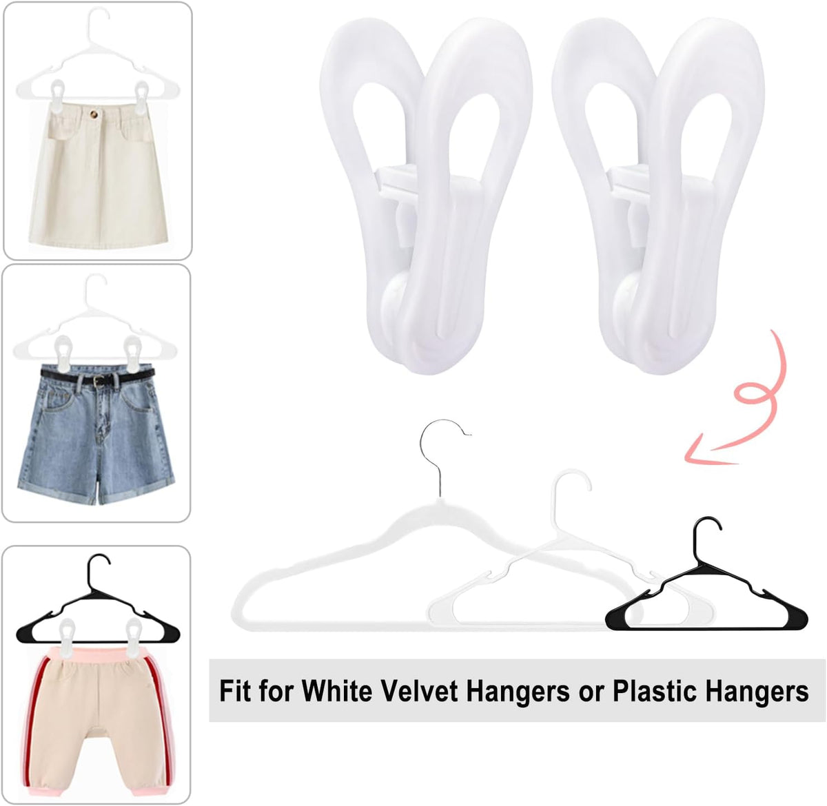White Hanger Clips 60 Pack, Multi-Purpose Plastic Hangers Clips Perfect for Plastic Velvet Hangers