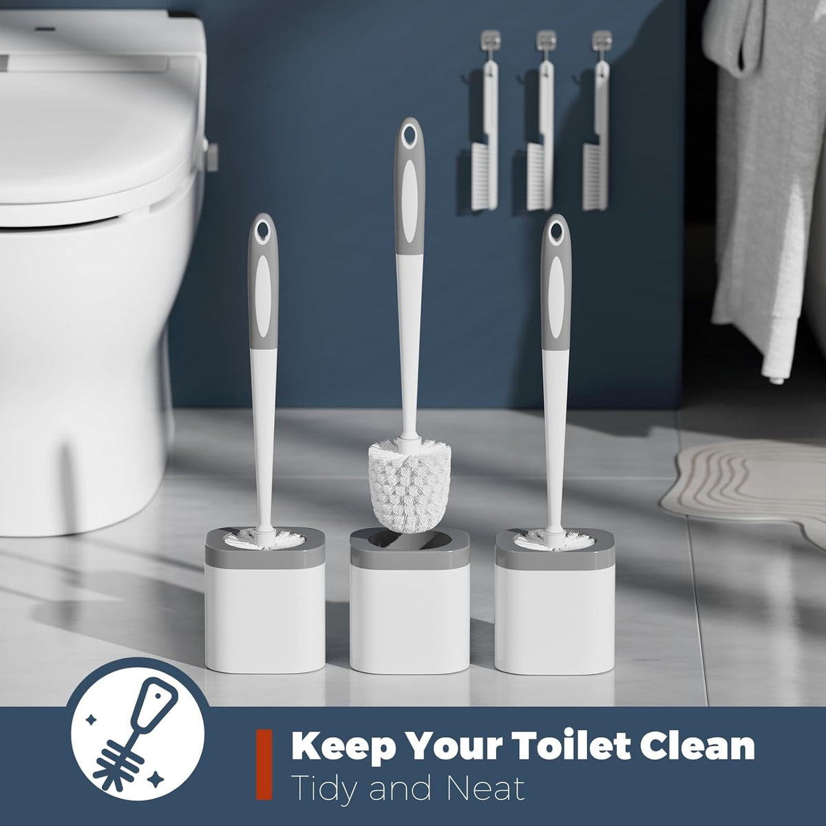 Toilet Brush, 3 Pack Toilet Brush and Holder Set Bathroom Accessories, Toilet Bowl Brush and Holder