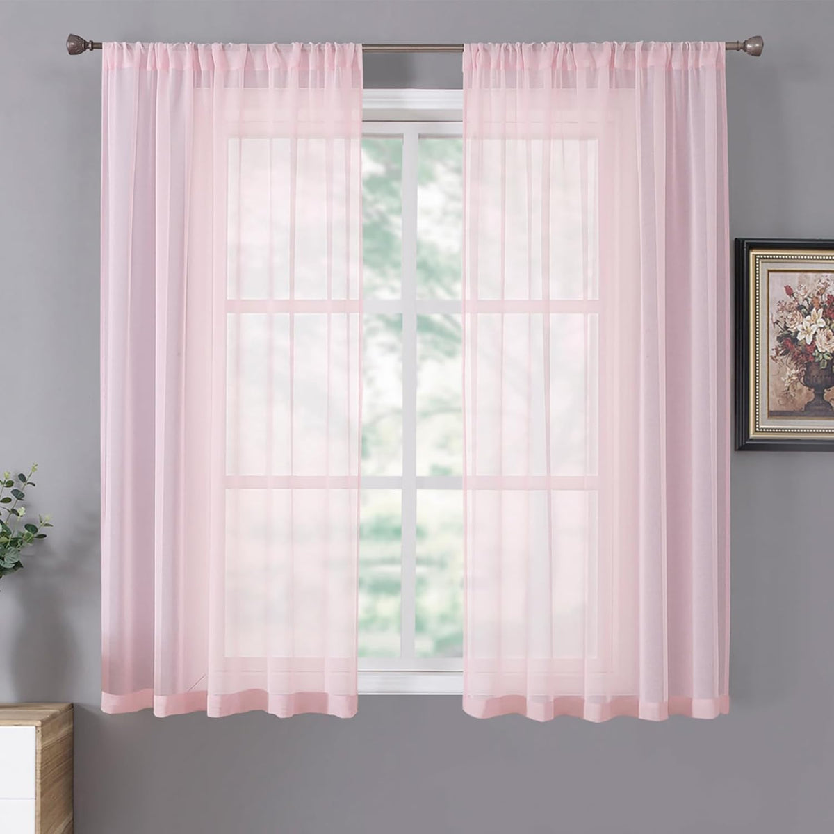 Tollpiz Short Sheer Curtain Linen Textured Bedroom Curtains Sheer Light Filtering Rod Pocket Voile