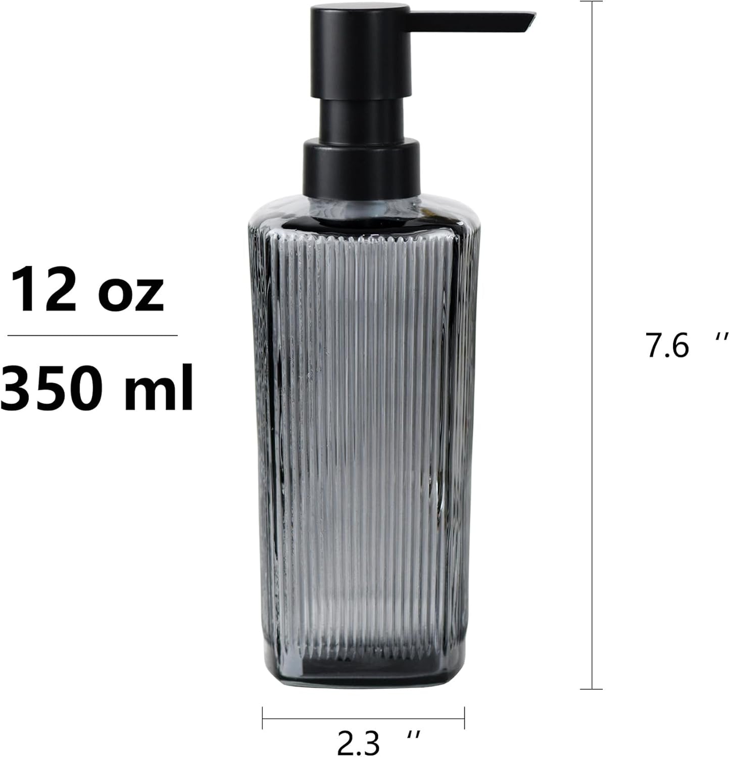 12 oz Glass Soap Dispenser with Vertical Stripe with Black Plastic Rustproof Pump, Small Refillable