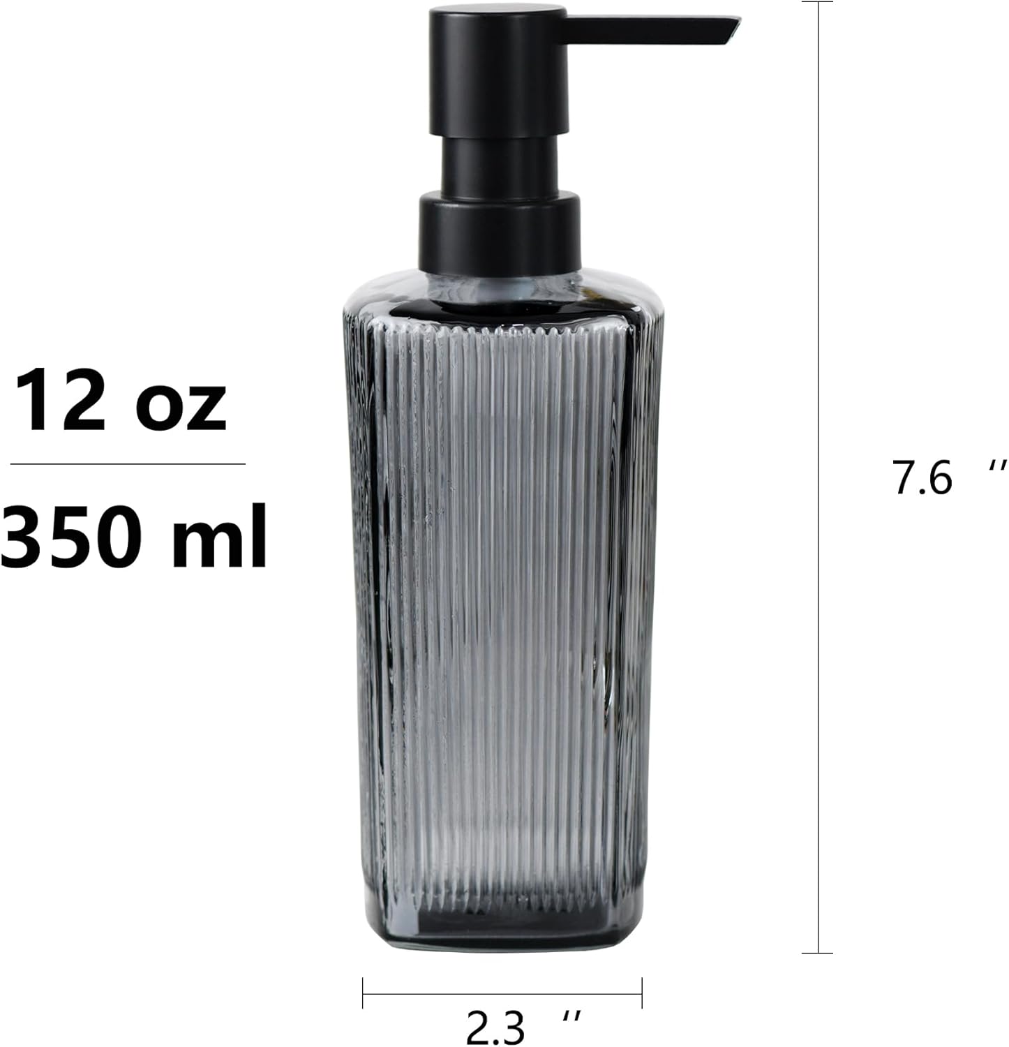 12 oz Glass Soap Dispenser with Vertical Stripe with Black Plastic Rustproof Pump, Small Refillable