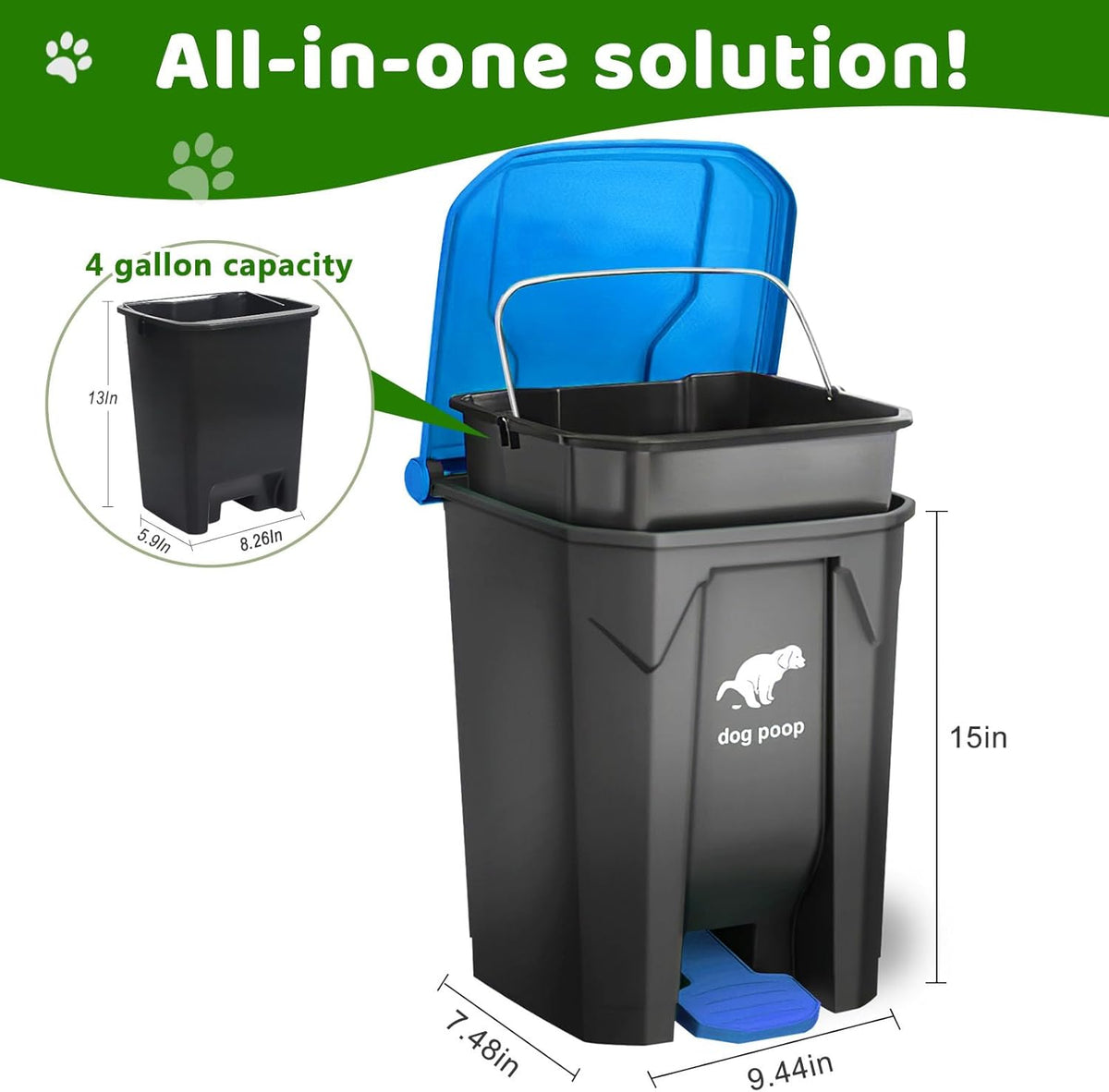 Dog Poop Trash Can Outside, 20L/5Gallon Dog Waste Trash Can with Lid, Pedal and Removable Inner