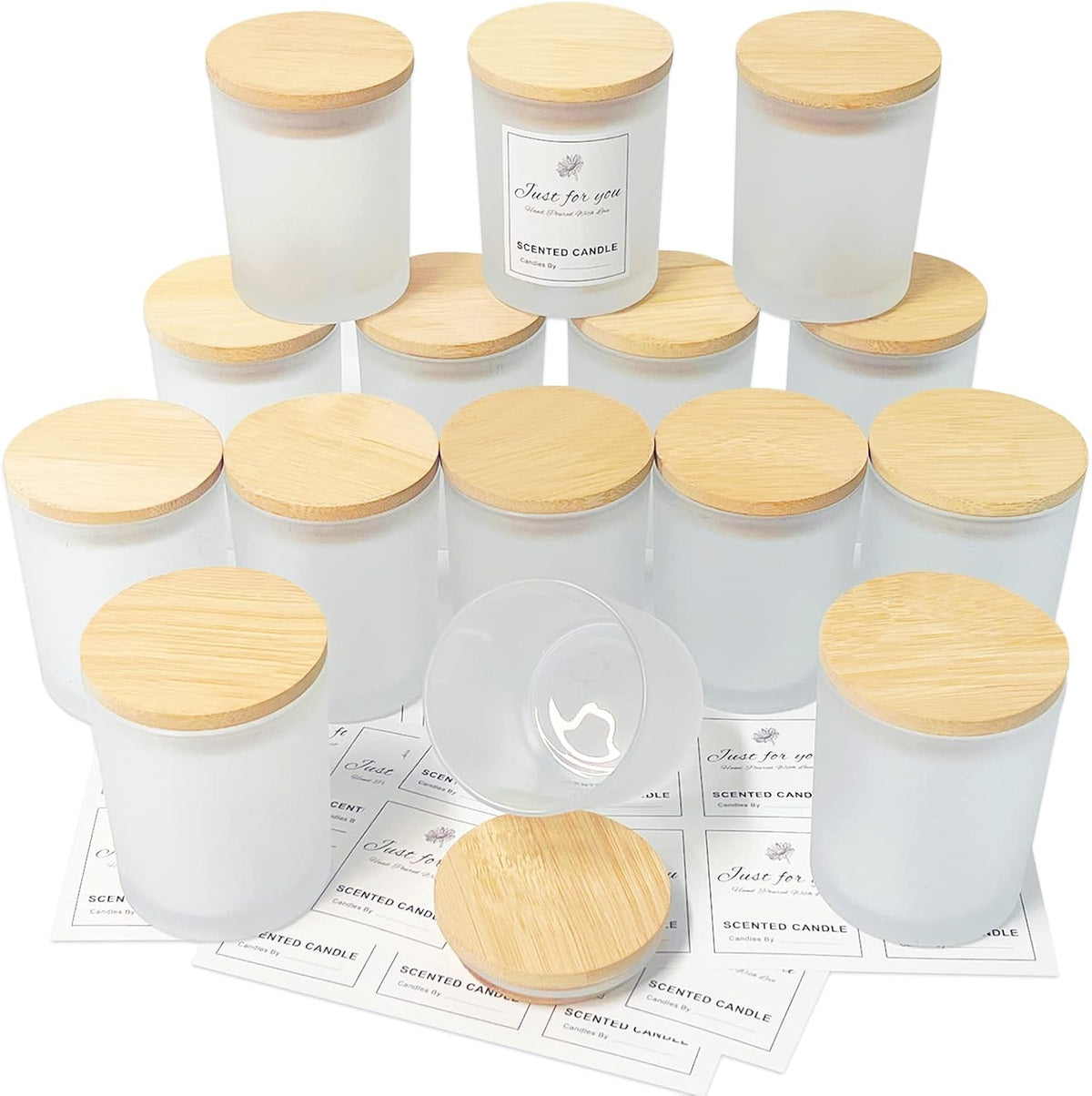 CONNOO 15 Pack 7 OZ Frosted Empty Candle Jars with Bamboo Lids and Sticky Labels for Making Candles