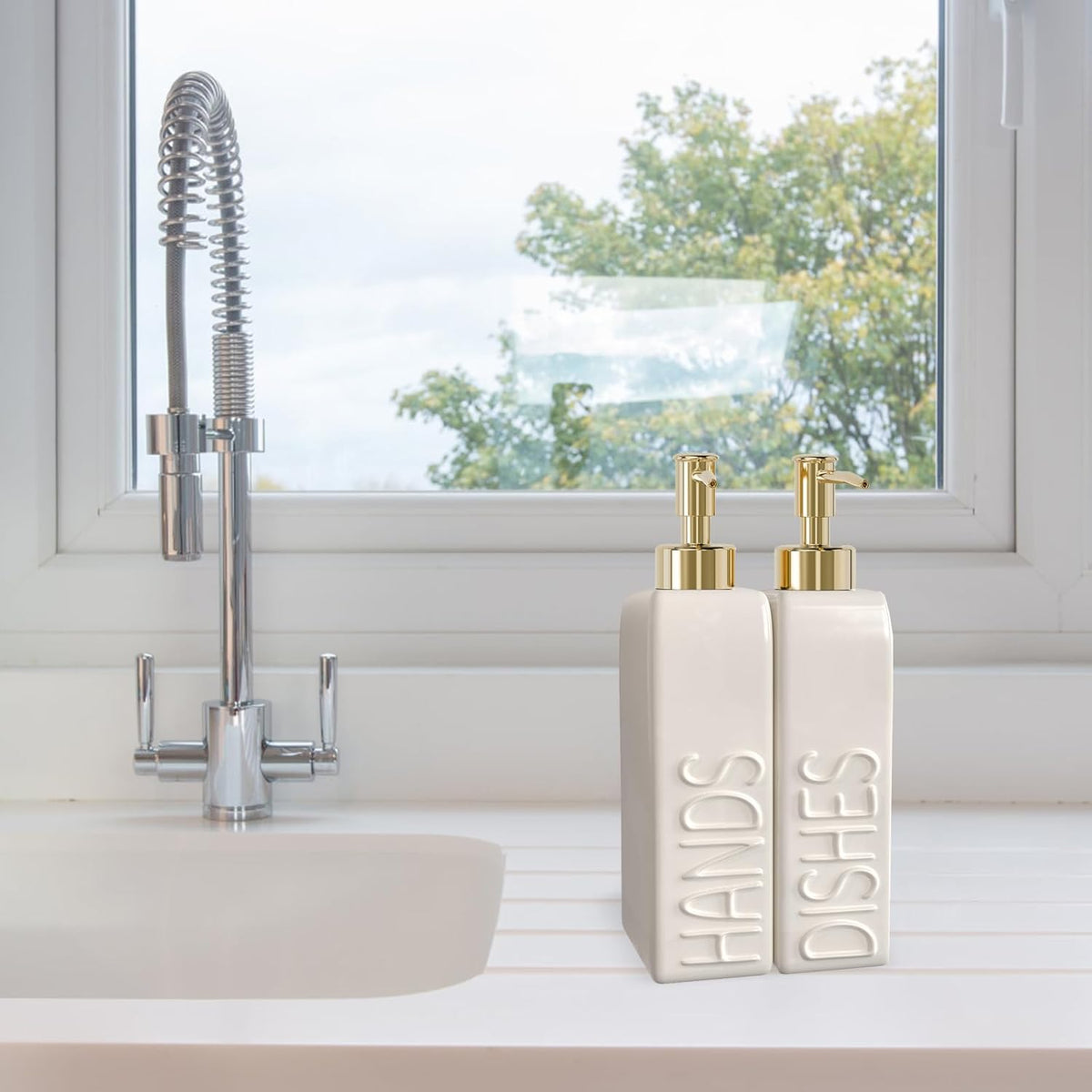 Soap Dispenser Set with Gold Stainless Steel Pump and a Funnel, 2 Pack Modern Ceramic Refillable