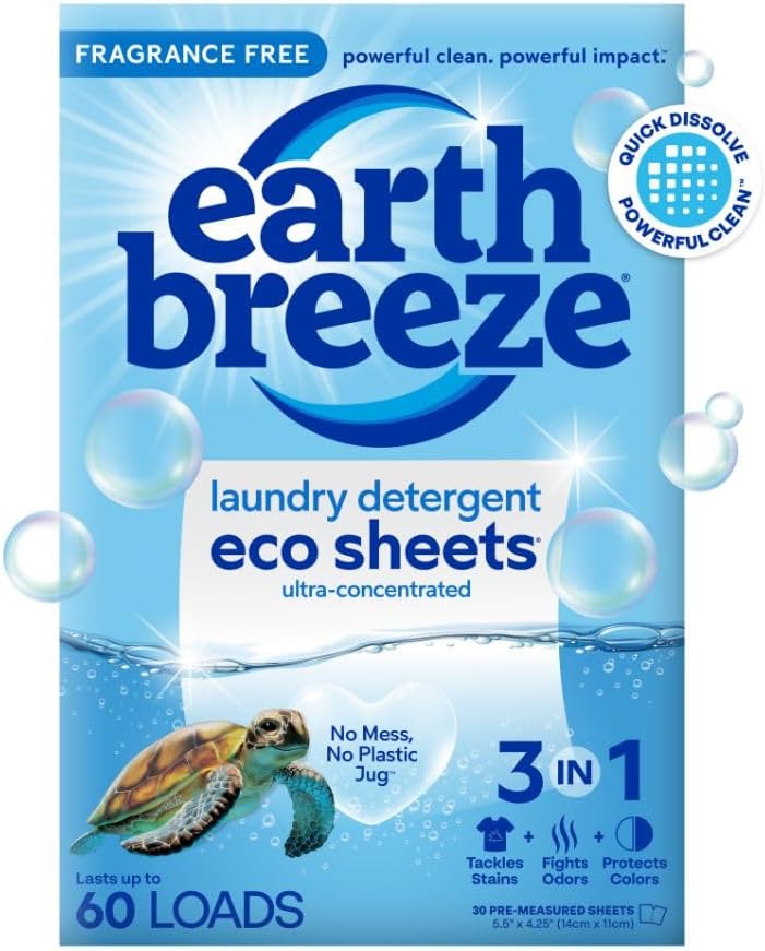 Earth Breeze Laundry Detergent Sheets Fragrance-Free - 60 Loads Eco Liquidless Soap