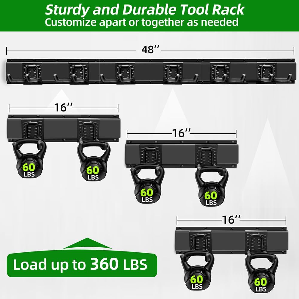 Garage Organization, Garage Wall Organizer with 48 inches Rails and 6 Hooks, Tool Organizers Heavy