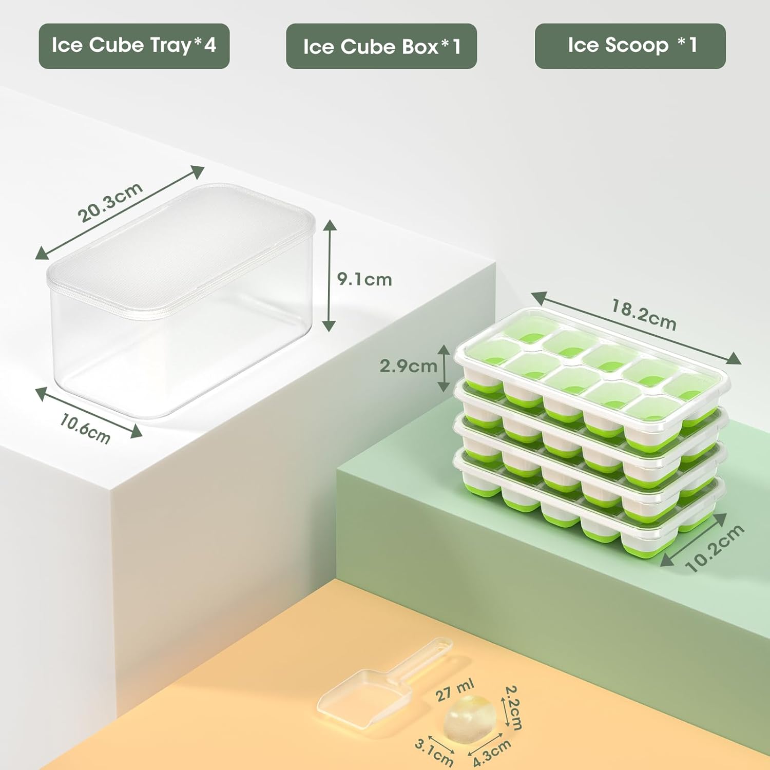 DOQAUS Ice Cube Tray with Lid and Bin, 4 Pack Silicone Plastic Ice Cubes Trays for Freezer with