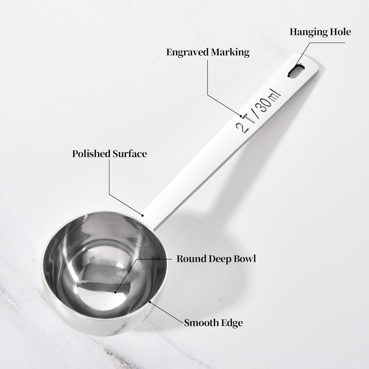 Long Handle Coffee Scoop: 5.98 Inch 18/8 Stainless Steel 2 Tablespoon Metal Measuring Spoon Tbsp
