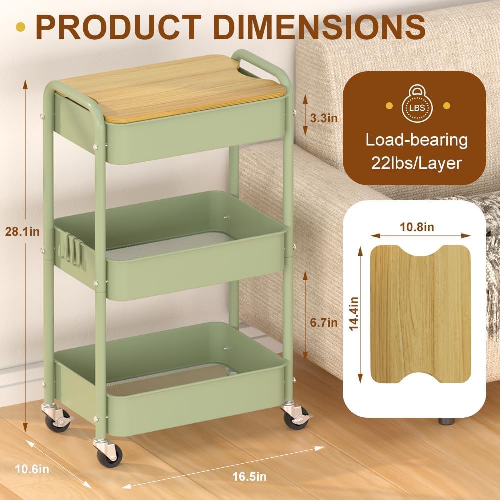 3 Tier Metal Utility Cart, Rolling Storage Cart with Wooden Tabletop, Metal Organizer Cart with
