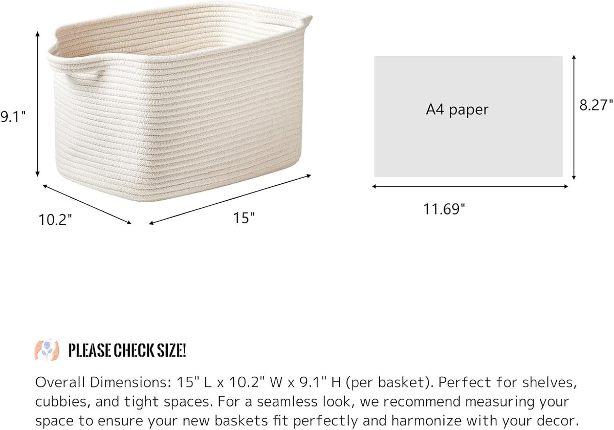 Cotton Rope Storage Basket 15"x10"x9" – Fabric Storage Bins for Organizing Clothes,Toys,Blankets