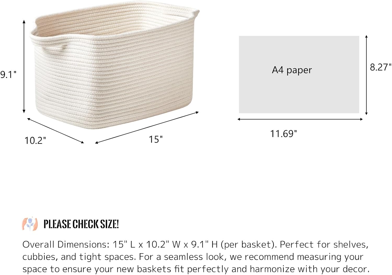 Cotton Rope Storage Basket 15"x10"x9" – Fabric Storage Bins for Organizing Clothes,Toys,Blankets