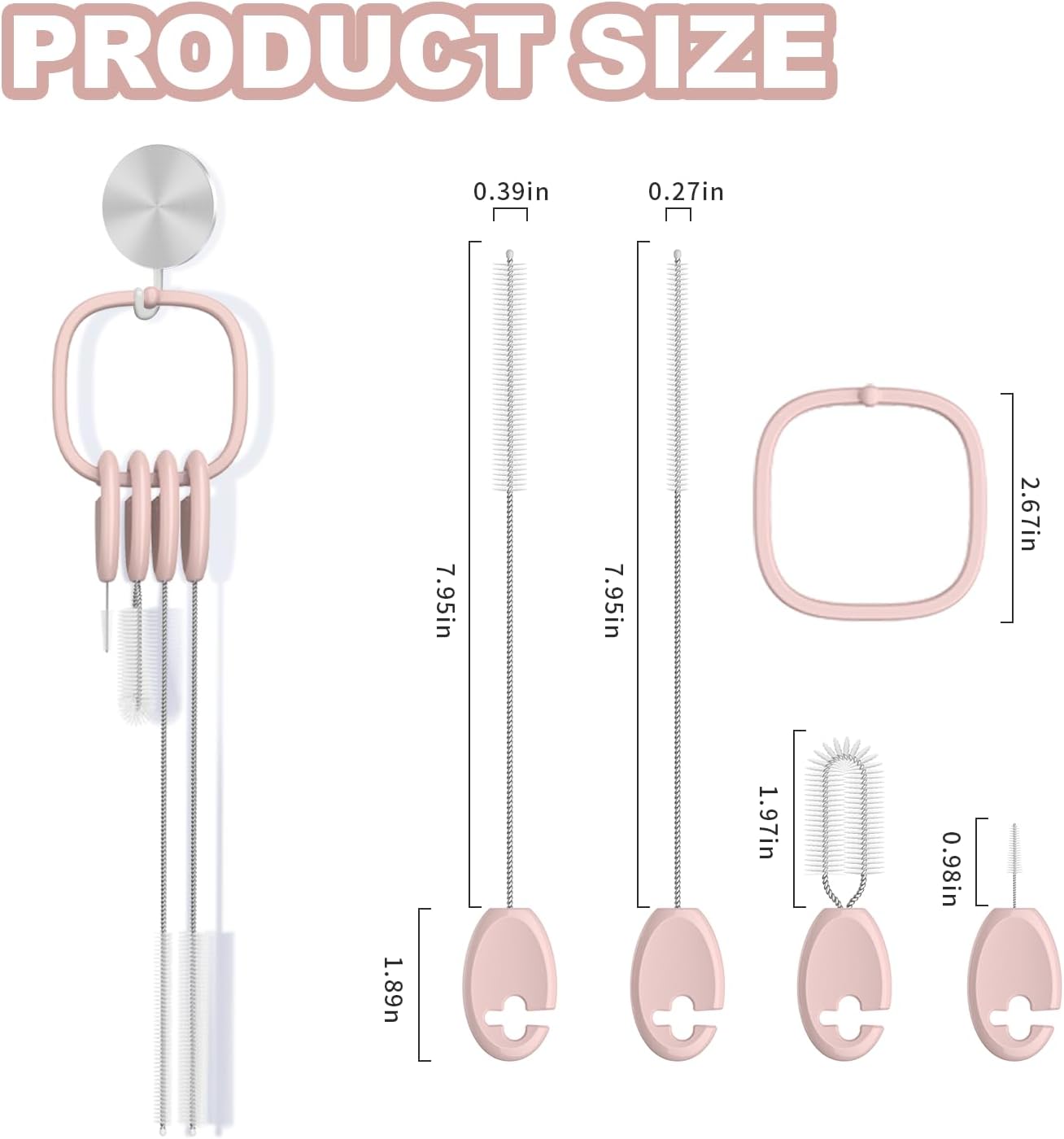 YOTIME Standing Straw Cleaner Brush Set, 4in1 Reusable Straw Brushes with Holder Ring, for Wide and