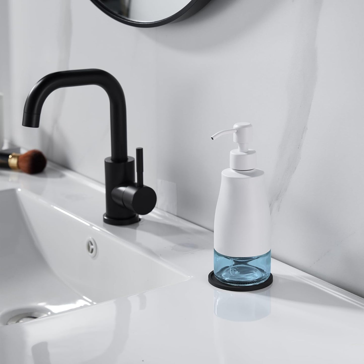 Gaussra White Soap Dispenser with Coaster and Stickers, Stainless Steel and Glass Bottle Hand Pump