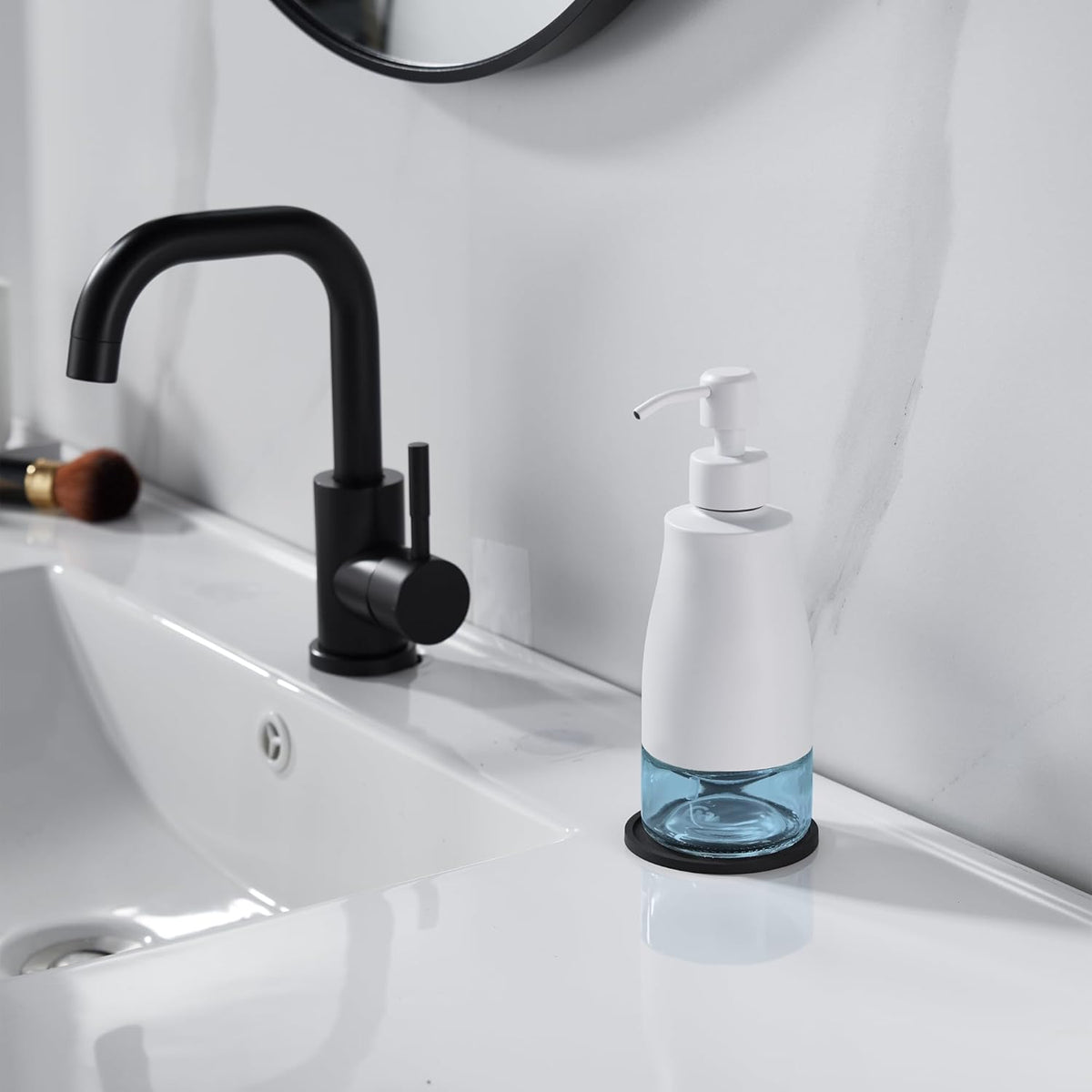 Gaussra White Soap Dispenser with Coaster and Stickers, Stainless Steel and Glass Bottle Hand Pump