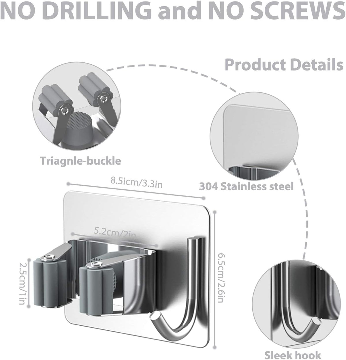Mop Broom Holder No Drill, Mop Broom Organizer Wall Mounted Heavy Duty with Hooks Hanger, Self