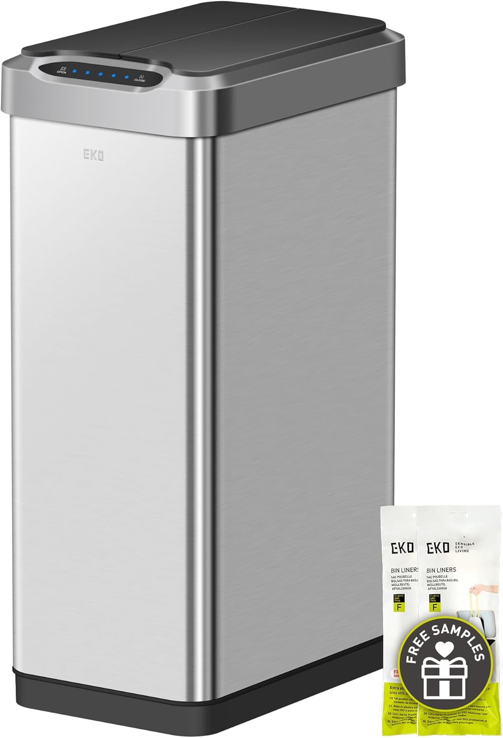 EKO Phantom-T 50 Liter / 13.2 Gallon Vertical Motion Sensor Trash Can, Brushed Stainless Steel