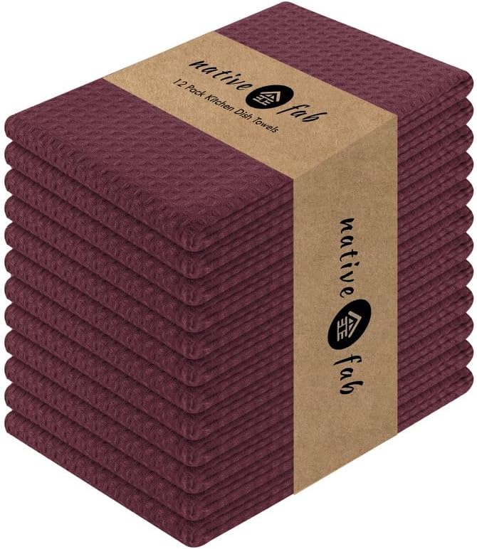 Native Fab Cotton Kitchen Towel with Hanging Loop 16x26 inches, 12-Pack, Waffle Weave Kitchen