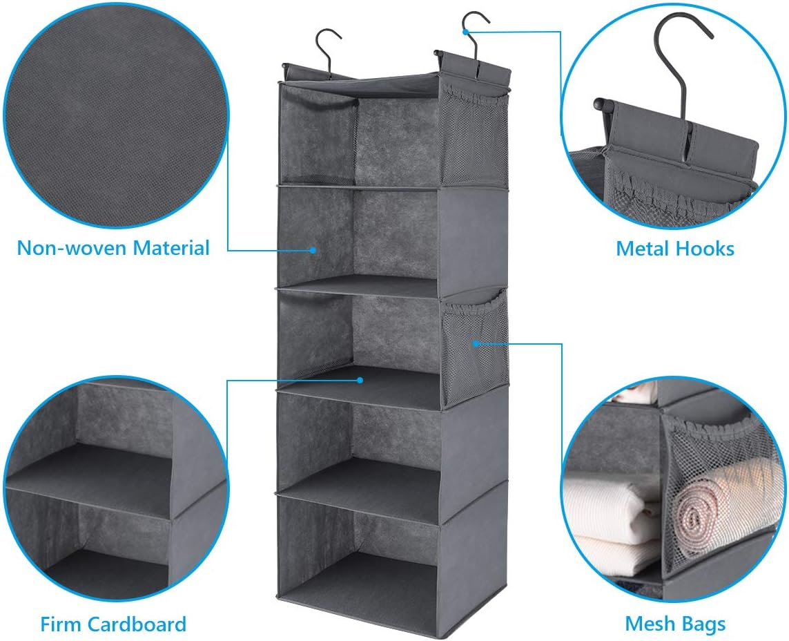 MAX Houser 5 Shelf Hanging Closet Organizer, Space Saver, Cloth Hanging Shelves with 4 Side