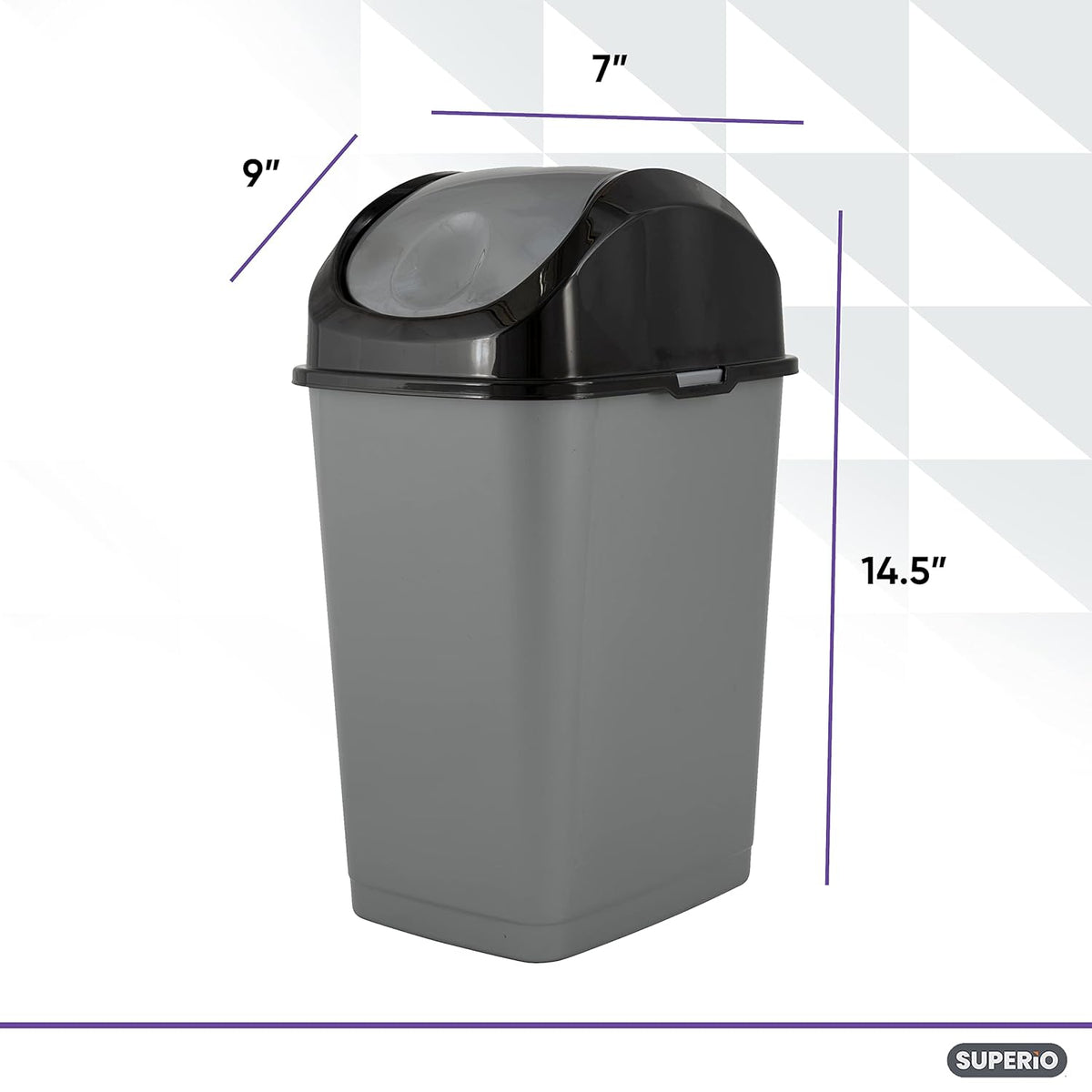 Superio Small 2.5 Gallon Plastic Trash Can with Swing Top Lid, Compact Slim Waste Bin for Under