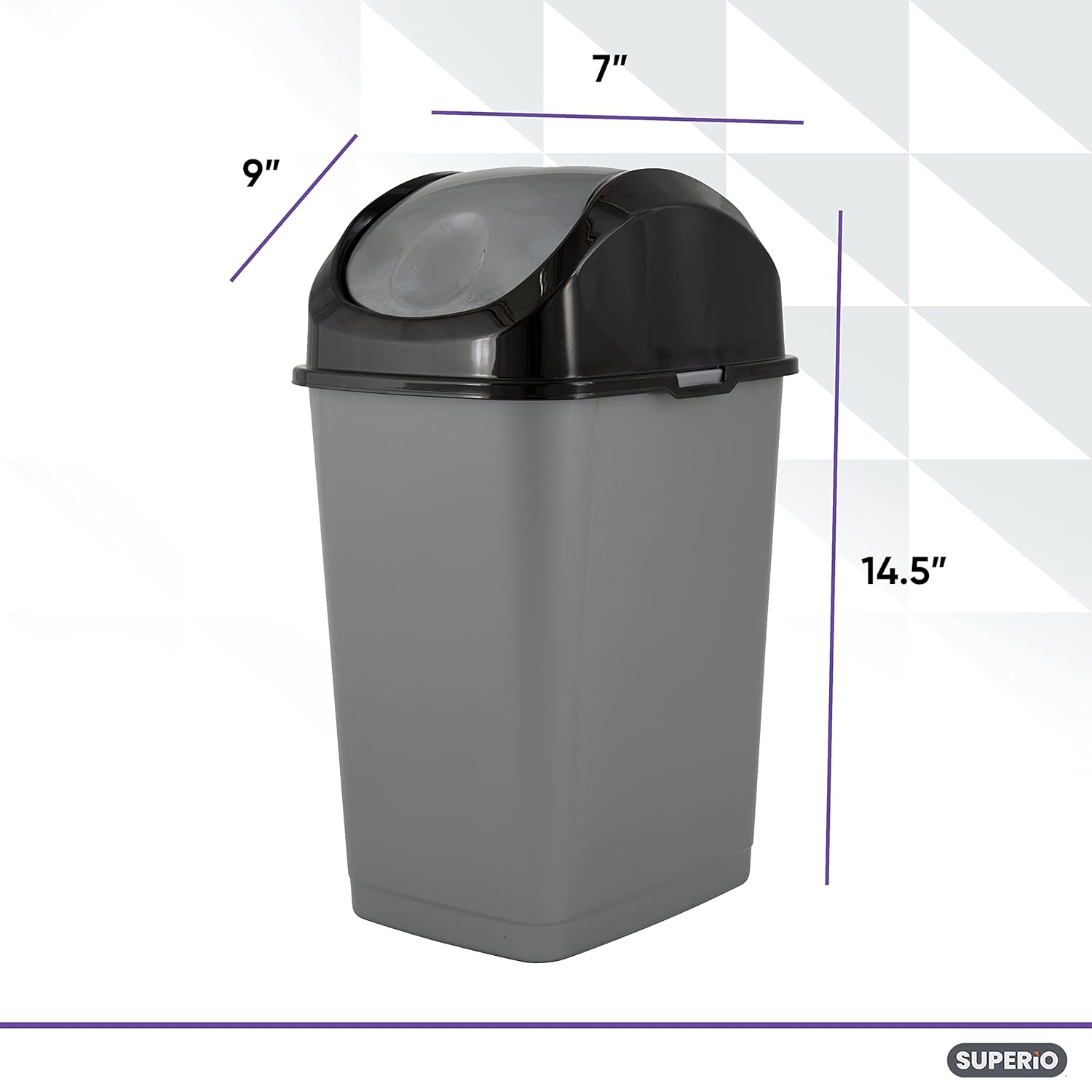 Superio Small 2.5 Gallon Plastic Trash Can with Swing Top Lid, Compact Slim Waste Bin for Under