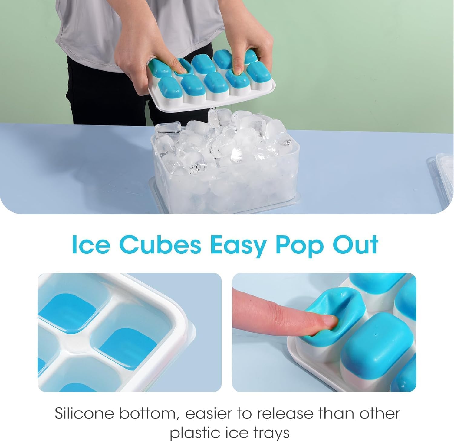 DOQAUS Ice Cube Tray with Lid and Bin, 4 Pack Silicone Plastic Ice Cubes Trays for Freezer with