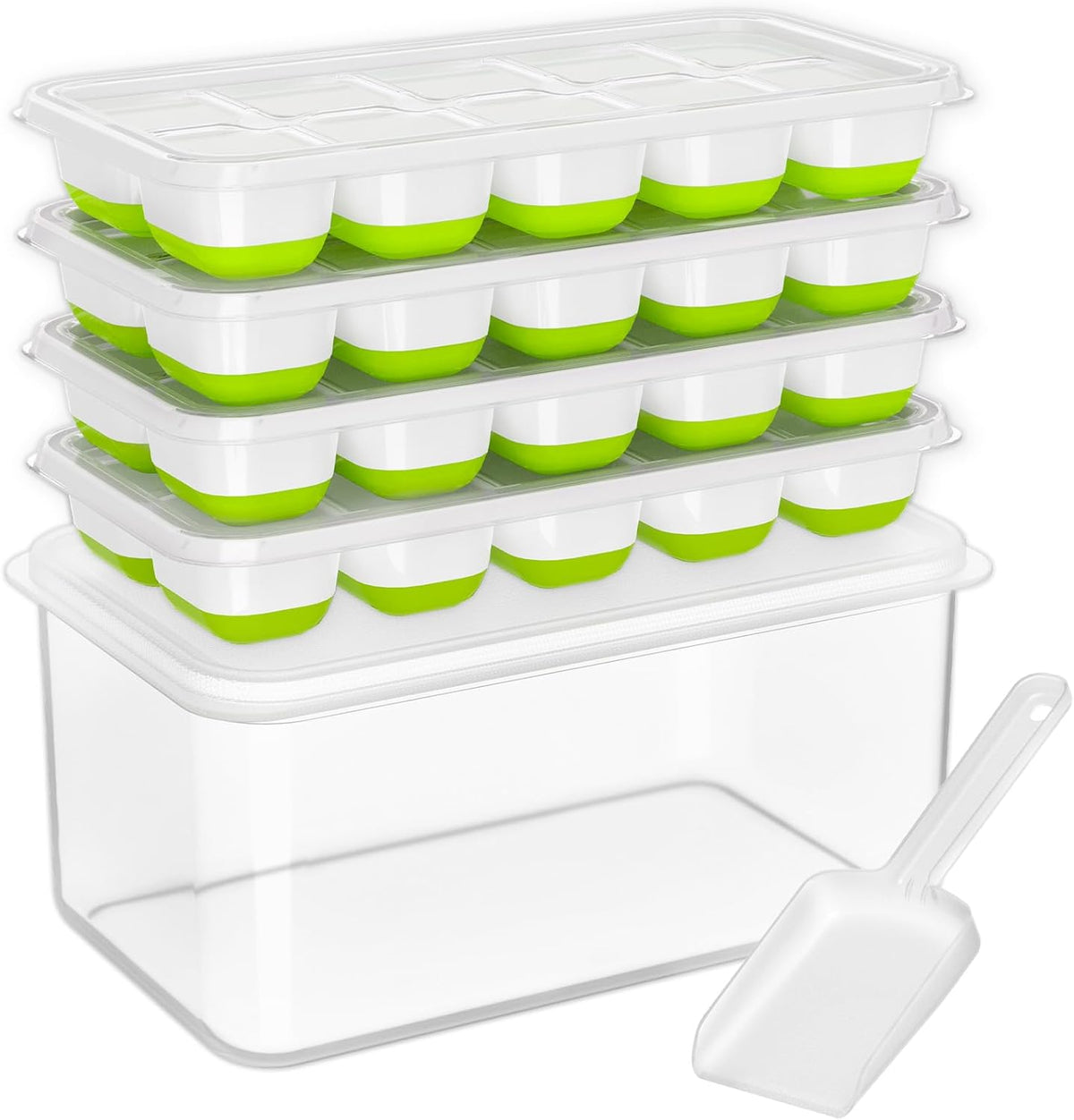 DOQAUS Ice Cube Tray with Lid and Bin, 4 Pack Silicone Plastic Ice Cubes Trays for Freezer with