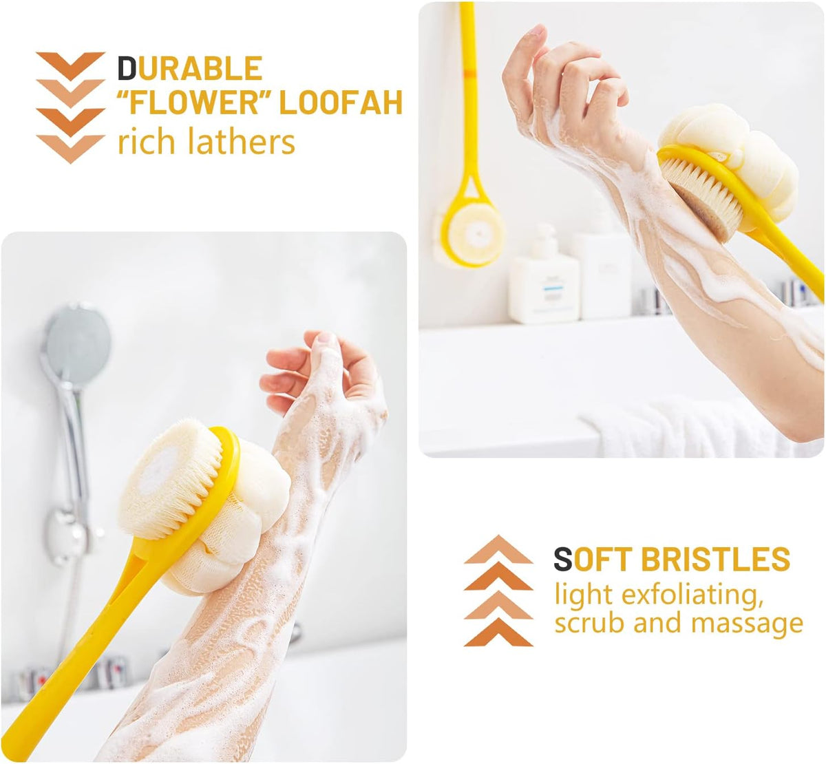 Shower Body Brush,Soft Bristles and Beautiful Pumpkin Loofah 14” Long Handle Back Scrubber Bath