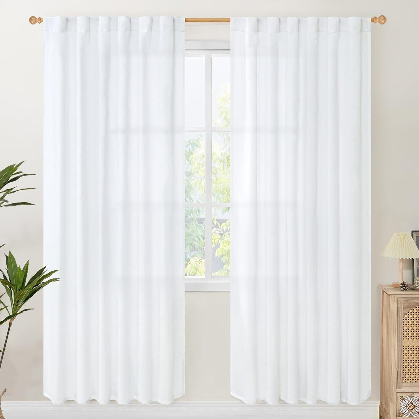 YoungsTex White Linen Curtains 78 Inch Length for Living Room, Light Filtering Semi Sheer Window
