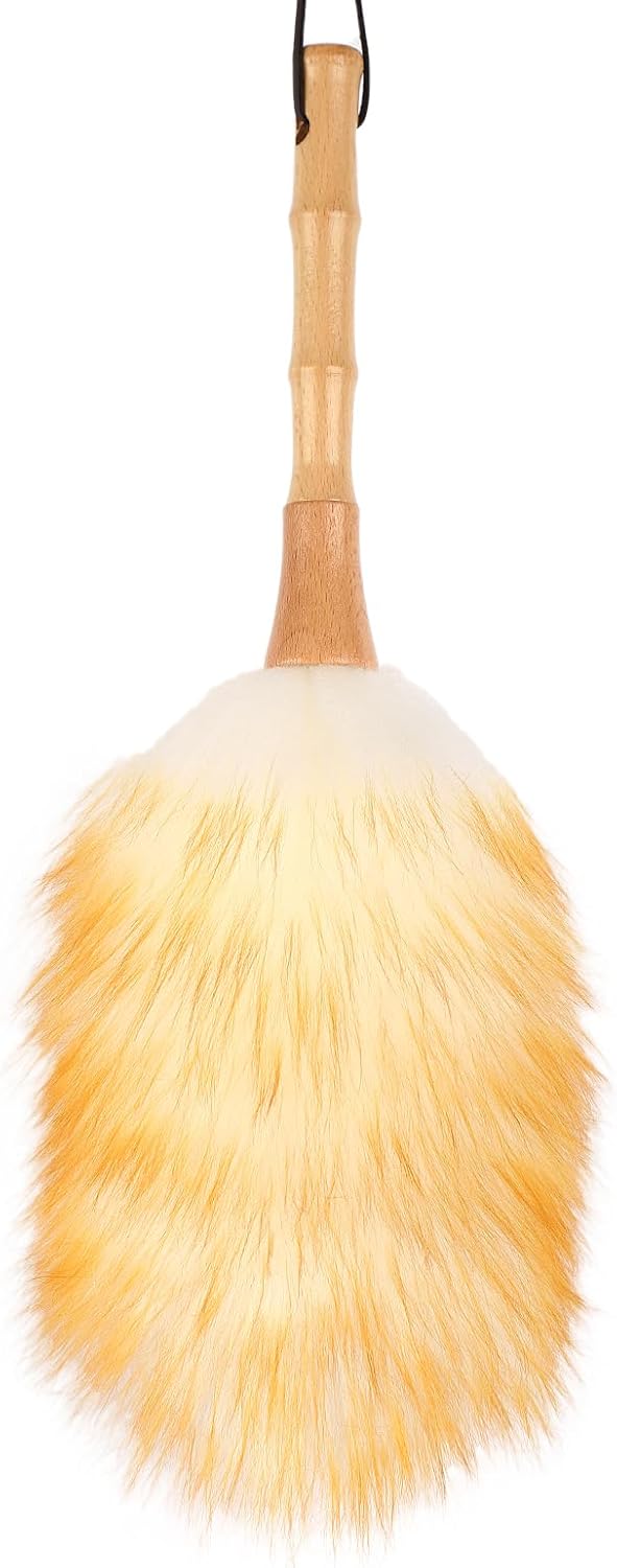 Feather Duster, Lambswool Duster for Cleaning,with Solid Wooden Handle,Leather Hang