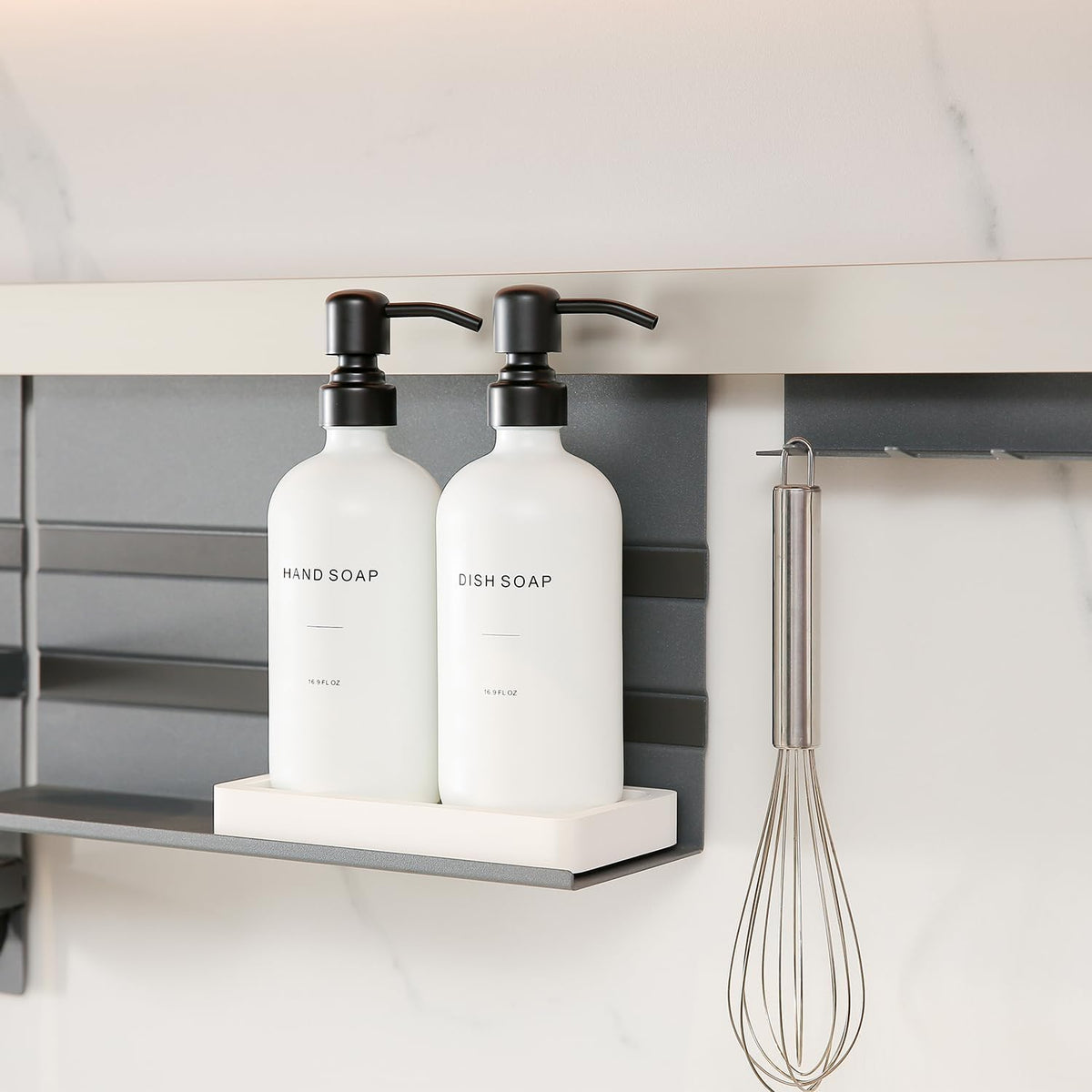 Kitchen Soap Dispenser Set, White Soap Dispenser with Black Stainless Steel Pump, Perfect for