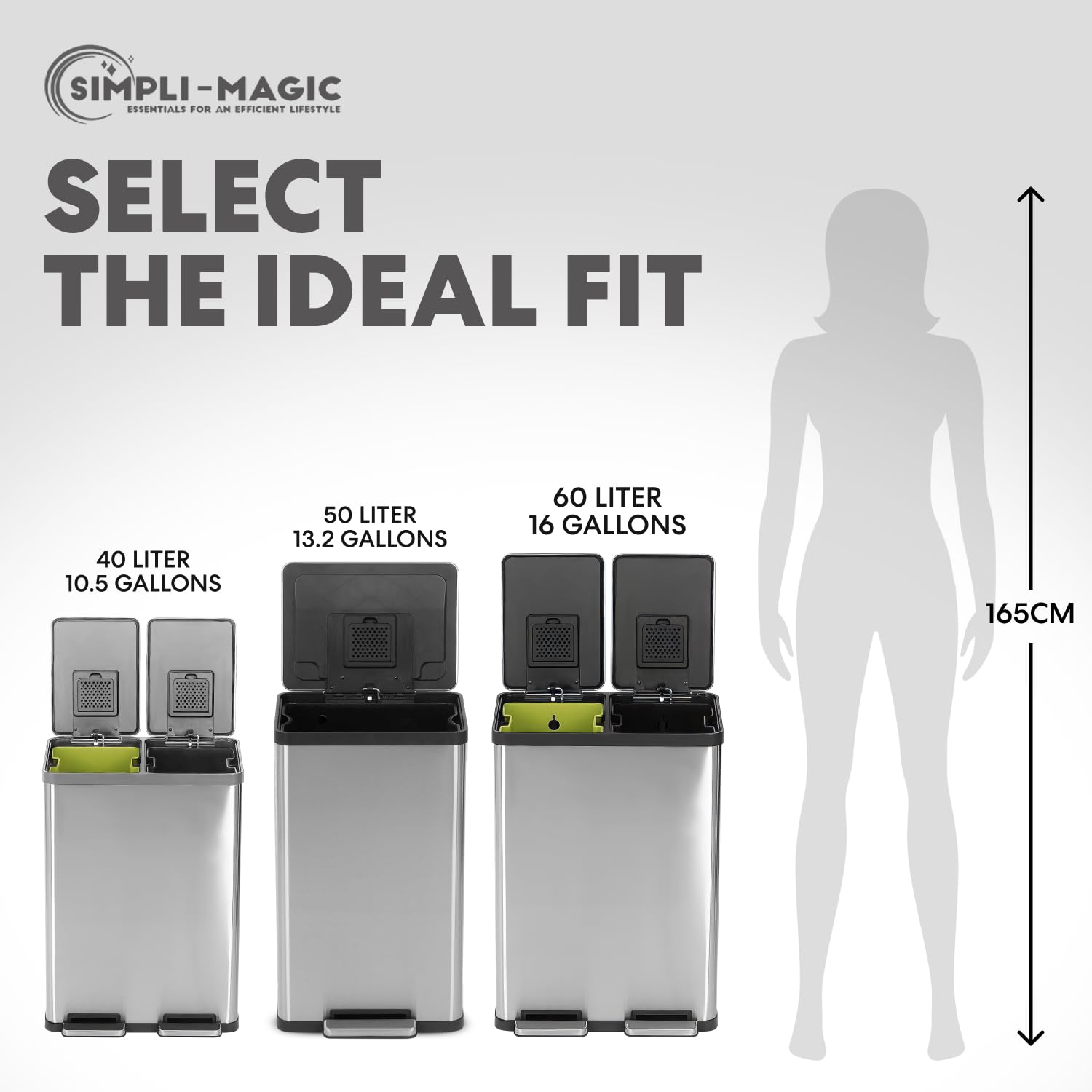 SIMPLI-MAGIC 50 Liter / 13.2 Gallon Soft-Close, Smudge Resistant Trash Can with Foot Pedal and