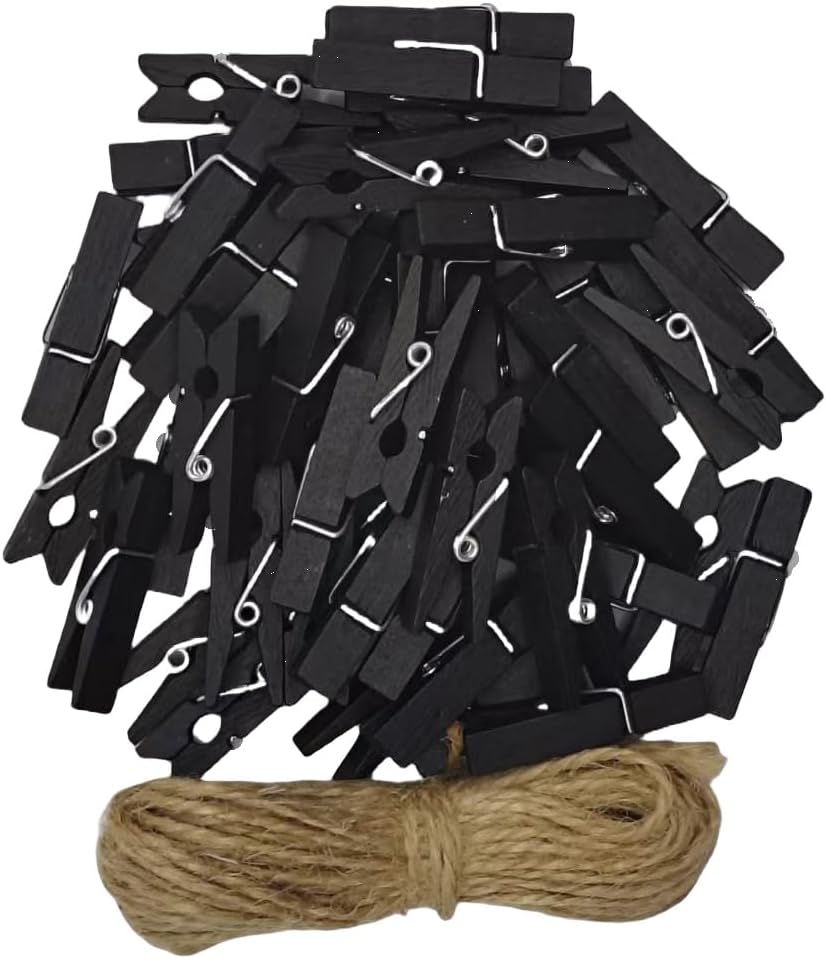 DurReus Wood Clothespins to Hang Photos School Projects 1.5 Inch Clothes Clips with Jute Twine