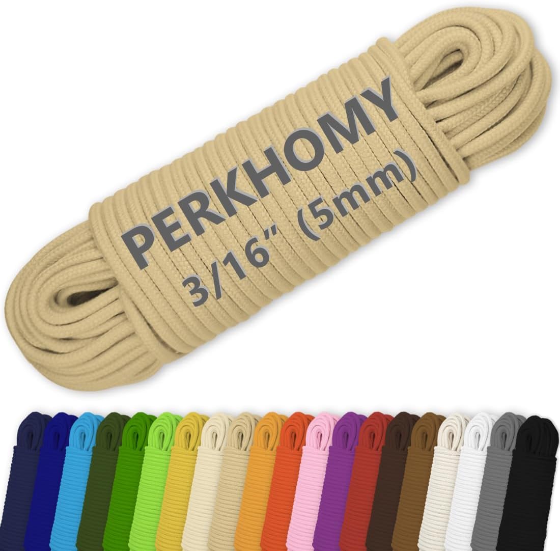 PerkHomy Cotton Rope 3/16" (5mm) 100 ft Multi Purpose Utility Diamond Braided Cord, Natural Cotton
