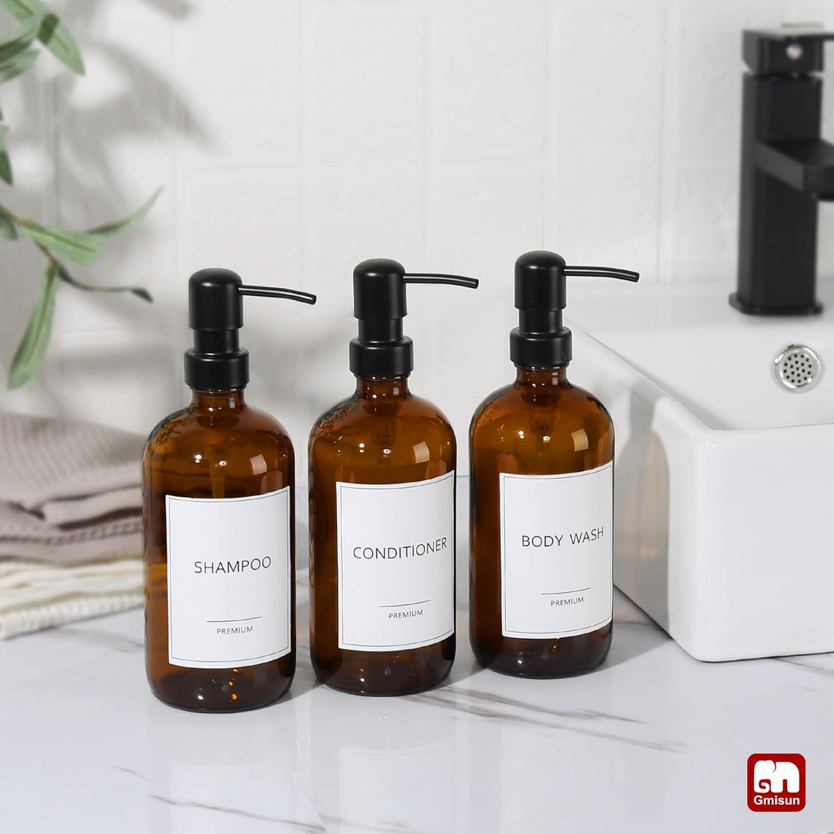 GMISUN Shampoo and Conditioner Dispenser, 3 Pack Amber Glass Bathroom Shampoo Conditioner Body Wash