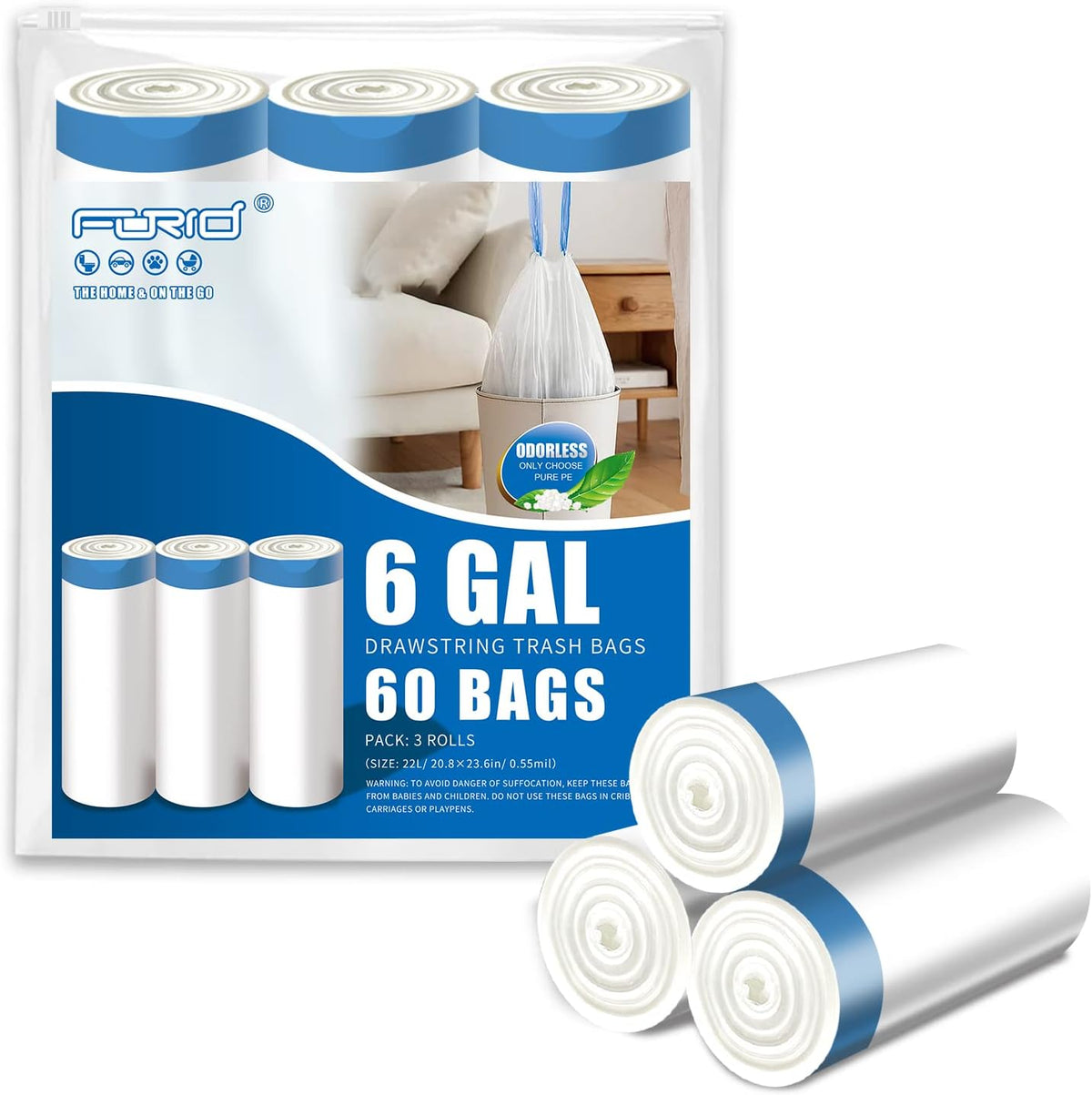 FORID Small Drawstring Trash Bags - 6 Gallon Plastic Trash Bags Heavy Duty White Trash Can Liners