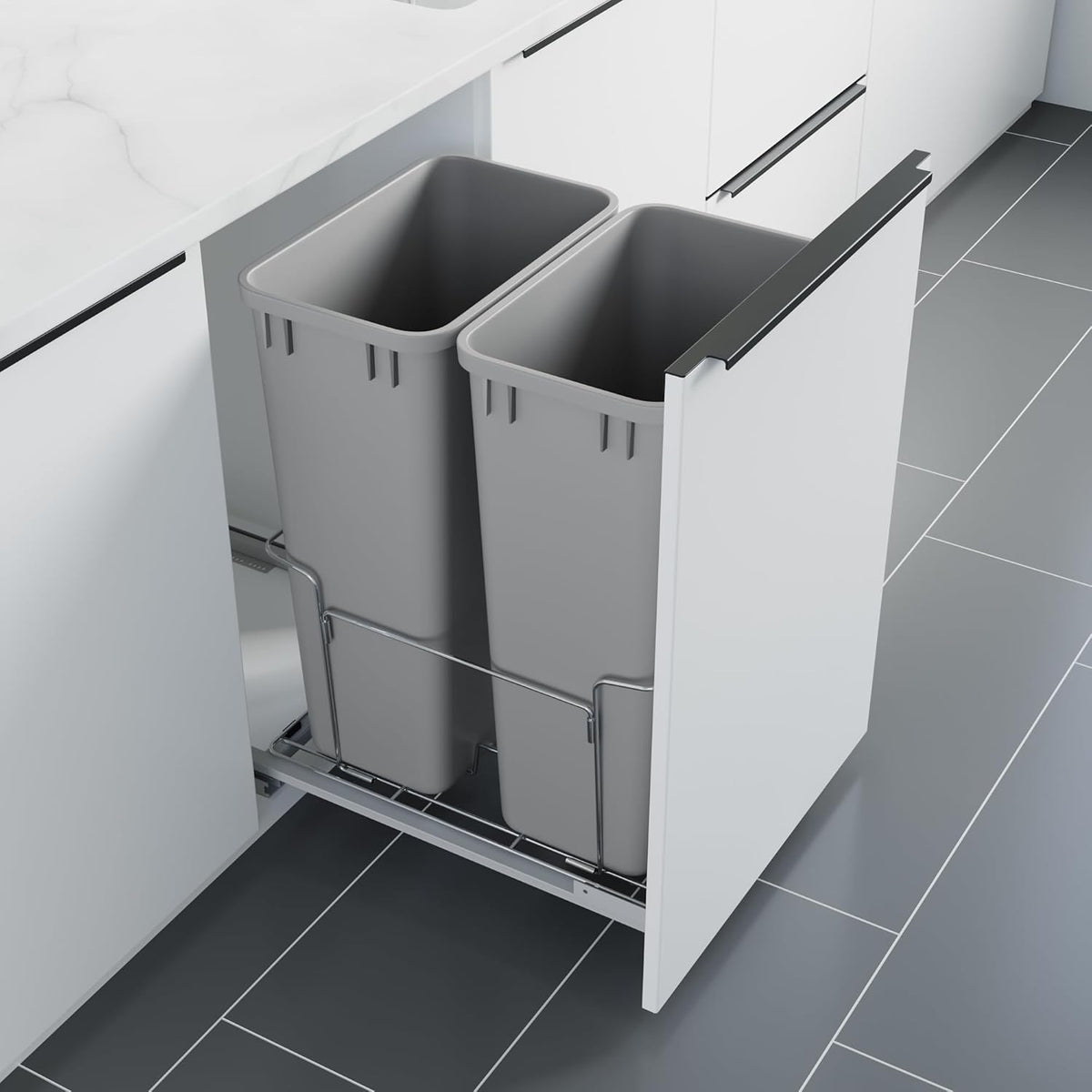 Dowell B18 Aluminum Base Wastebasket Pullout with Door Mount and Two 50Qt/13Gal Plastic Bins (4012