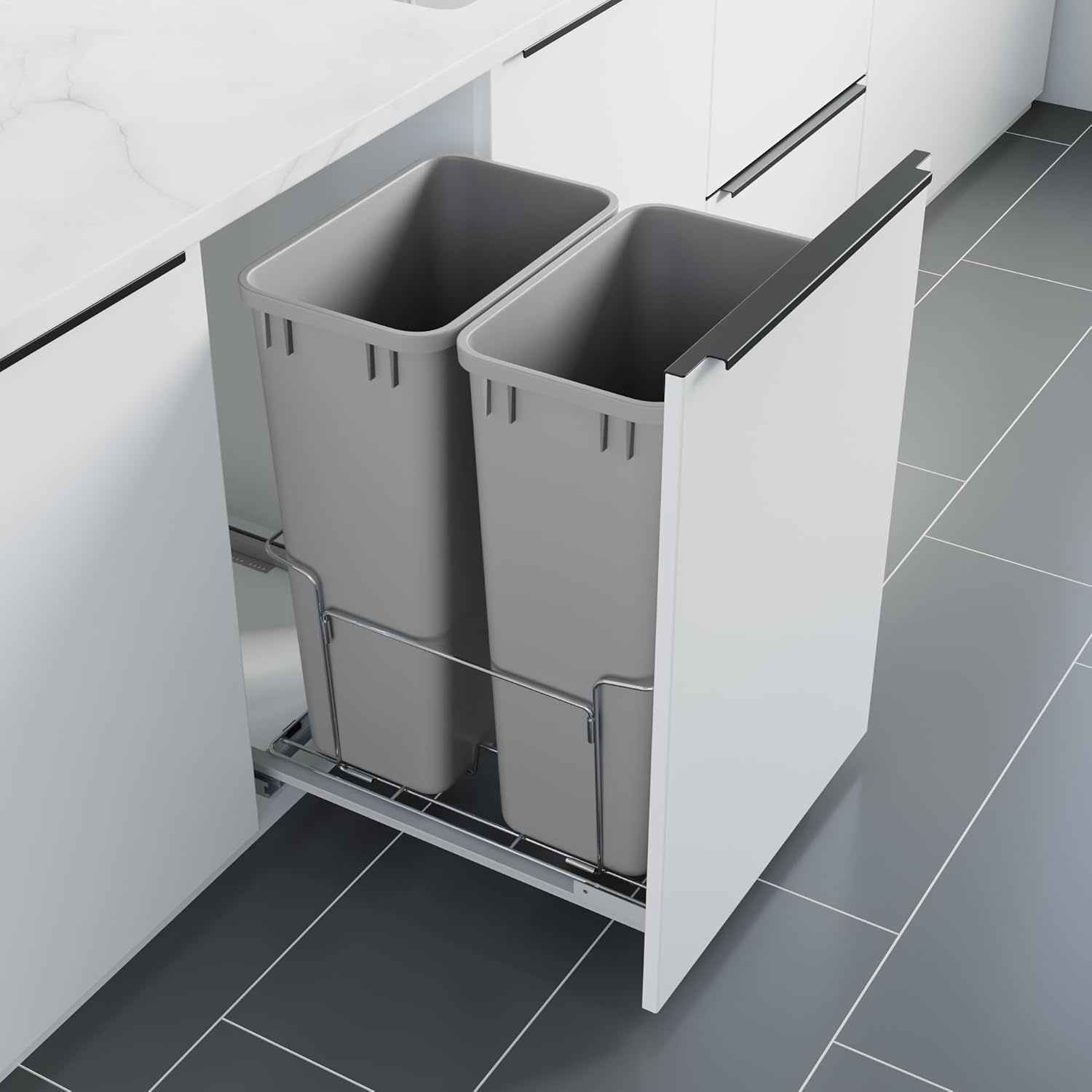 Dowell B18 Aluminum Base Wastebasket Pullout with Door Mount and Two 50Qt/13Gal Plastic Bins (4012