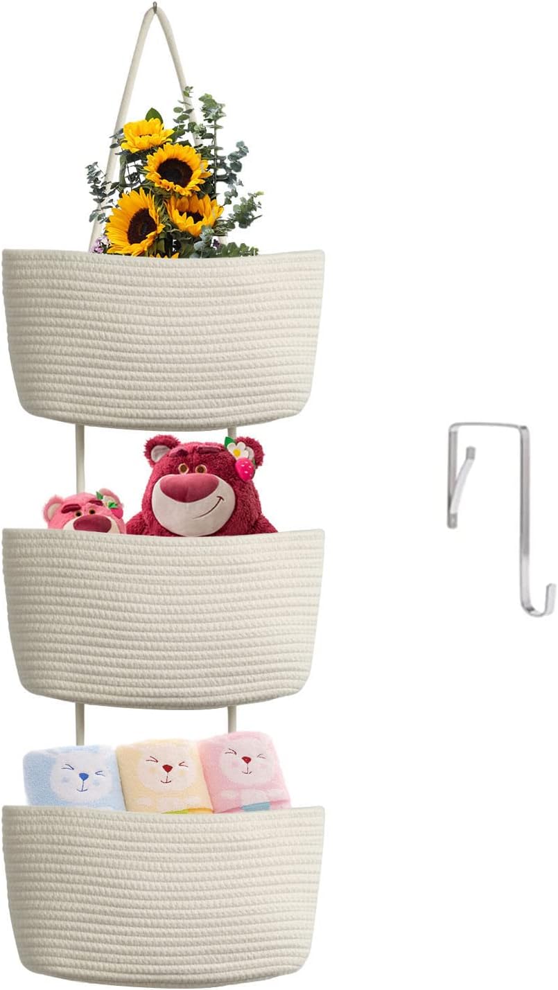 TeoKJ Over the Door Hanging Baskets, 3-Tier Woven Cotton Storage Organizer Bag with Hooks