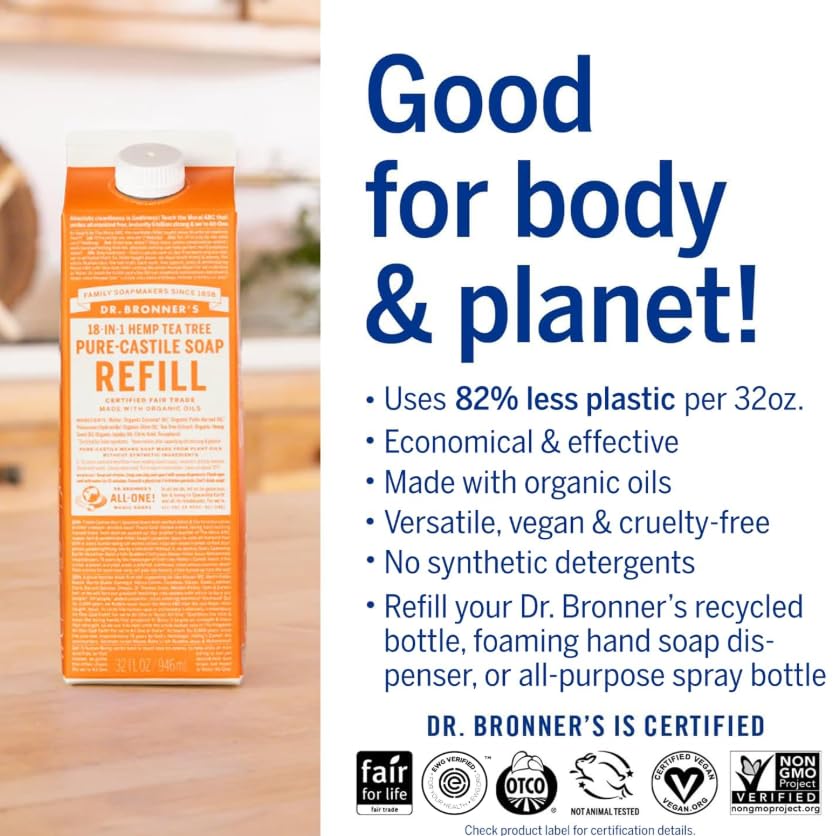 Dr. Bronner's Magic Soap-Pure-Castile Liquid Soap Refill (Tea Tree, 32 ounce, 2-Pack)-Regenerative