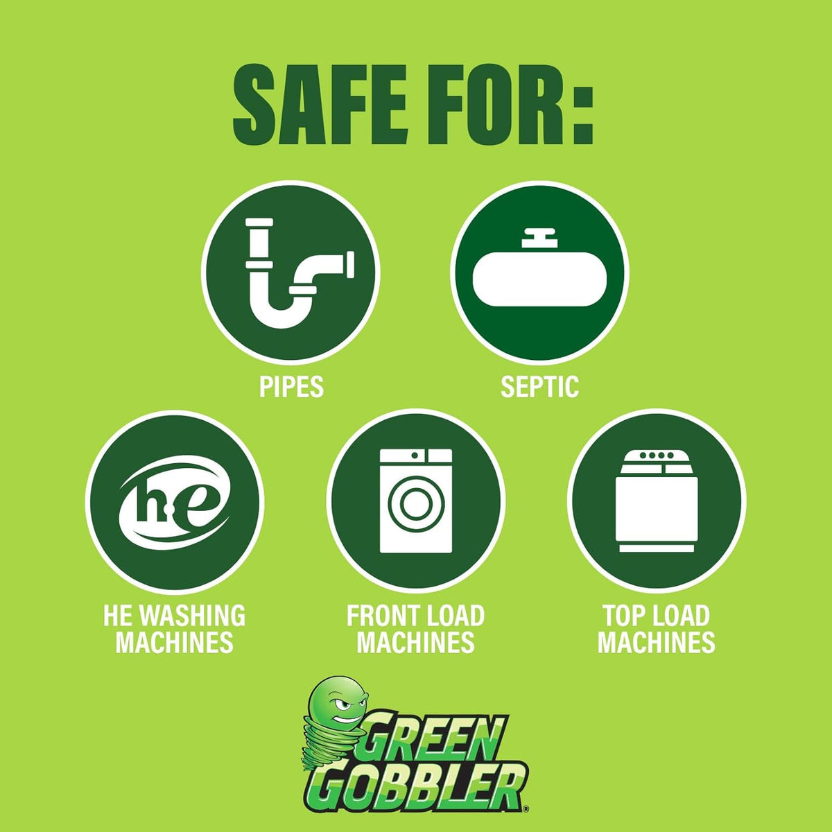 Green Gobbler Washing Machine Cleaner Tablets with Pipe Clean Technology Deodorizer | Front & Top