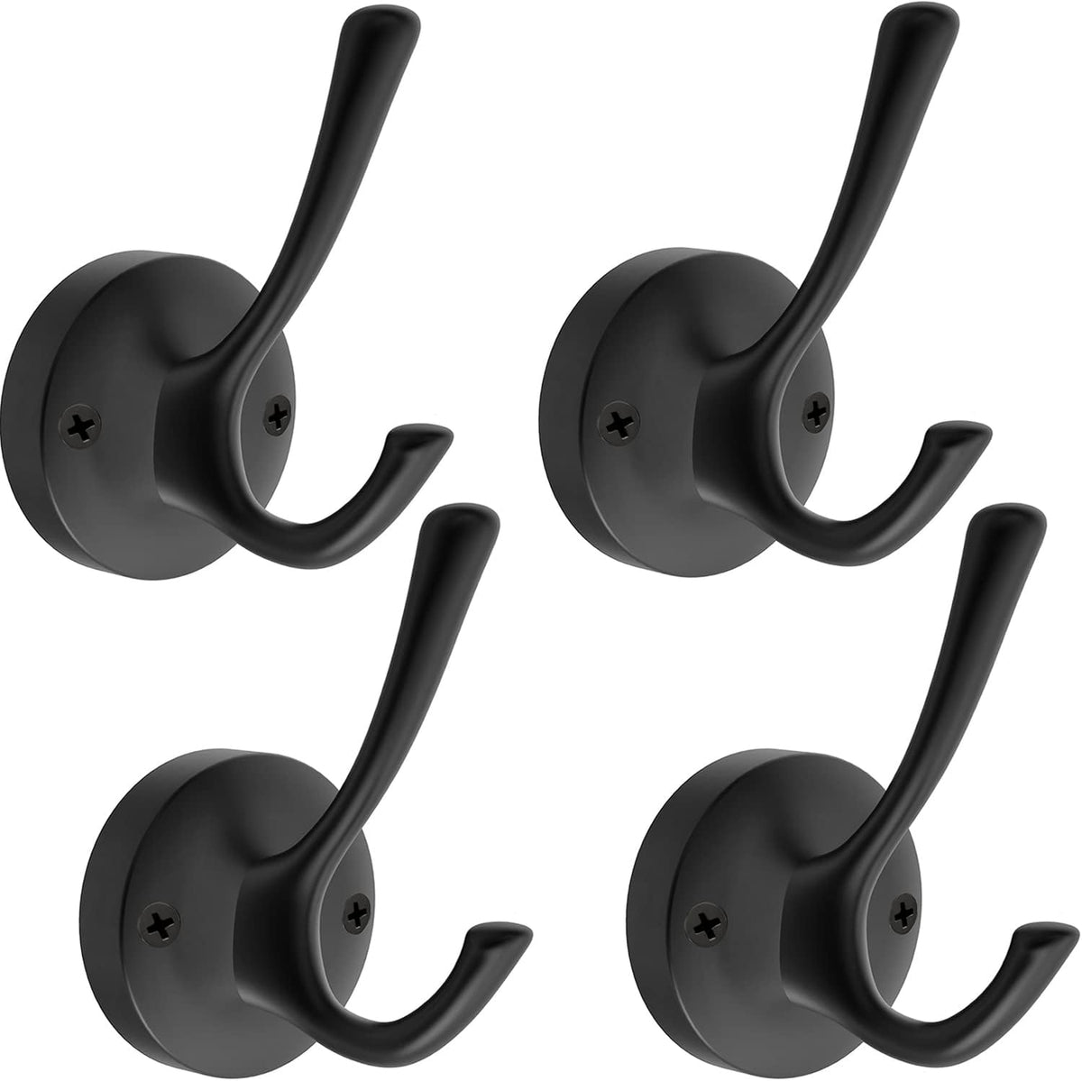 Matte Black Wall Hooks, 4 Pack Heavy Duty Coat Towel Hook Metal Double Backpack Hook Wall Mounted
