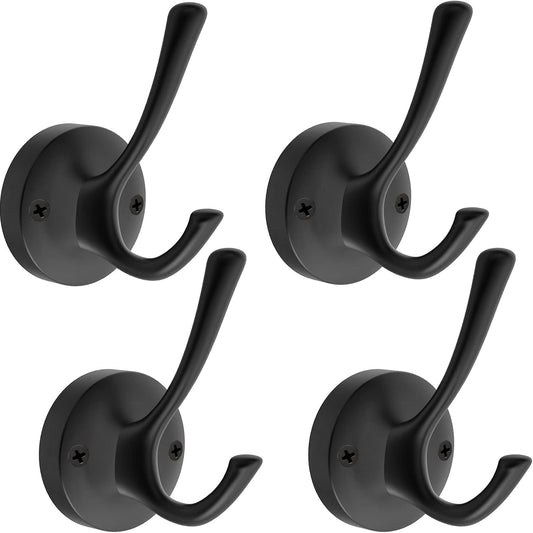 Matte Black Wall Hooks, 4 Pack Heavy Duty Coat Towel Hook Metal Double Backpack Hook Wall Mounted